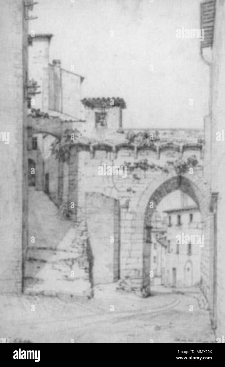 Deutsch: Zeichnung eines Tores in Perugia Italiano: La porta etrusca in un'illustrazione di un viaggiatore . 1827. Eisenlohrperugia1827 Foto Stock