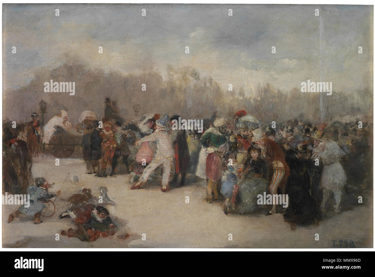 . Español: El Carnaval de Madrid (Impresión) (hacia 1887), de Antonio Pérez Rubio. Óleo sobre tabla, 40 x 60 cm. Museo del Prado di Madrid, España . circa 1887. Antonio Pérez Rubio (1822-1888) El Carnaval de Madrid Foto Stock