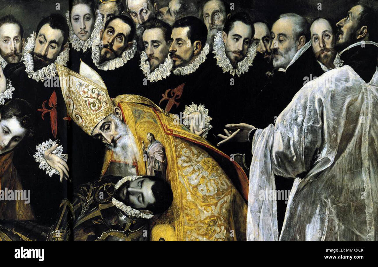 . Español: El entierro del Señor de Orgaz, más conocido como el entierro del Conde de Orgaz, es onu óleo sobre lienzo pintado en estilo manierista por el Greco entre los años 1586 y 1588. Fue realizado para la Iglesia de Santo Tomé de Toledo, (España), donde aun permanece, y es considerada una de las las mejores obras de su autor. El cuadro rappresentanouna el milagro en el que, según la tradición, San Esteban y San Agustín de hipónimos bajaron del Cielo para enterrar personalmente a Gonzalo Ruiz de Toledo, señor de la Villa de Orgaz y fallecido en 1323, en la Iglesia de Santo Tomé, como premio por su Foto Stock