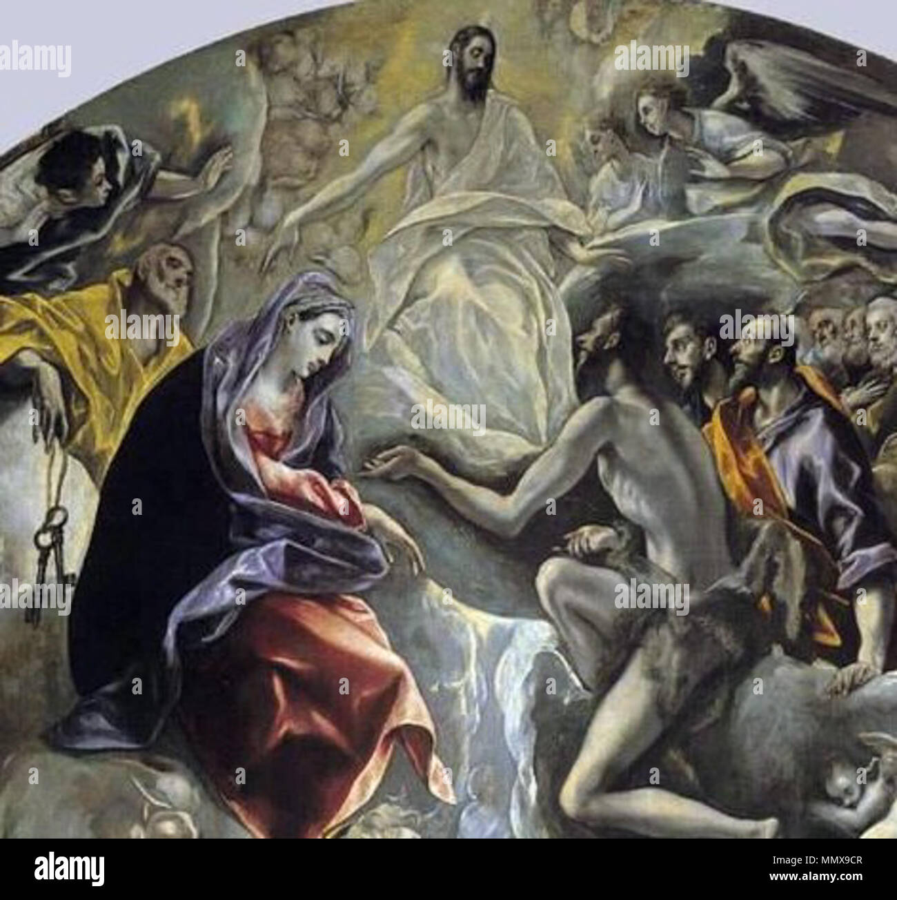 . Español: El entierro del Señor de Orgaz, más conocido como el entierro del Conde de Orgaz, es onu óleo sobre lienzo pintado en estilo manierista por el Greco entre los años 1586 y 1588. Fue realizado para la Iglesia de Santo Tomé de Toledo, (España), donde aun permanece, y es considerada una de las las mejores obras de su autor. El cuadro rappresentanouna el milagro en el que, según la tradición, San Esteban y San Agustín de hipónimos bajaron del Cielo para enterrar personalmente a Gonzalo Ruiz de Toledo, señor de la Villa de Orgaz y fallecido en 1323, en la Iglesia de Santo Tomé, como premio por su Foto Stock