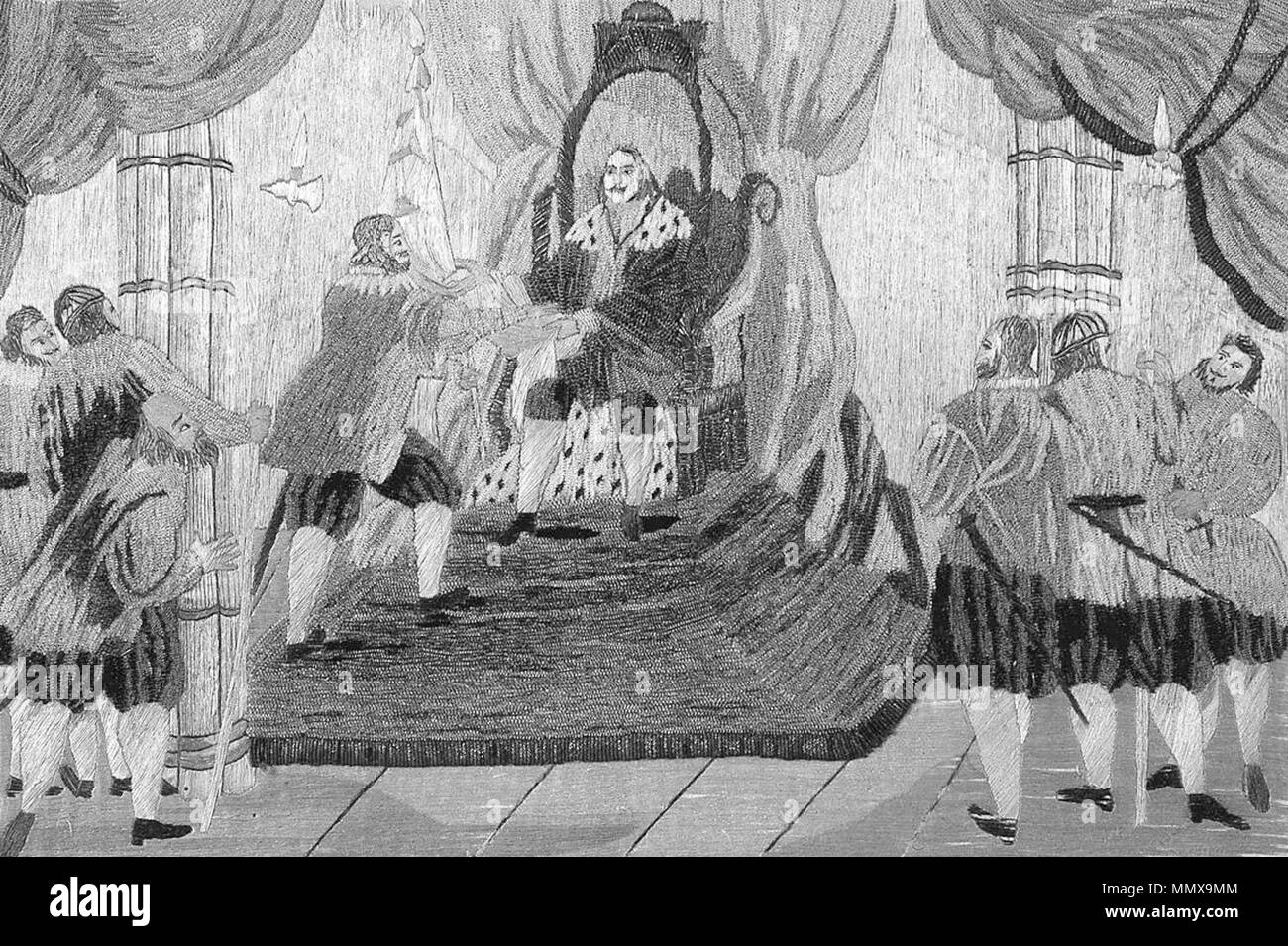 . Inglese: re Manuel I di Portogallo invia Vasco da Gama sul suo viaggio marittimo in India e le mani di lui una bandiera con la croce dell Ordine di Cristo. Português: El-Rei D. Manuel I comete un Vasco da Gama un empresa do descobrimento da Índia, e la entrega uma bandeira com a Cruz da Ordem de Cristo. El Rei D. Manoel commette un Vasco da Gama un empreza do descobrimento da India, e la entrega un bandeira - XVIII secolo il ricamo Foto Stock