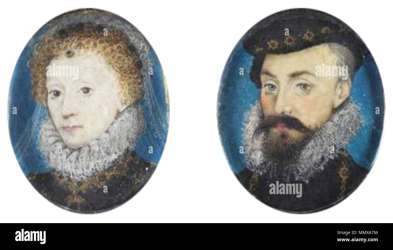 . Inglese: Coppia di dimensione timbro miniature di Elisabetta I d Inghilterra e il suo favorito Robert Dudley conte di Leicester. Collezione privata. [1] Elizabeth e Leicester miniature di Hilliard Foto Stock