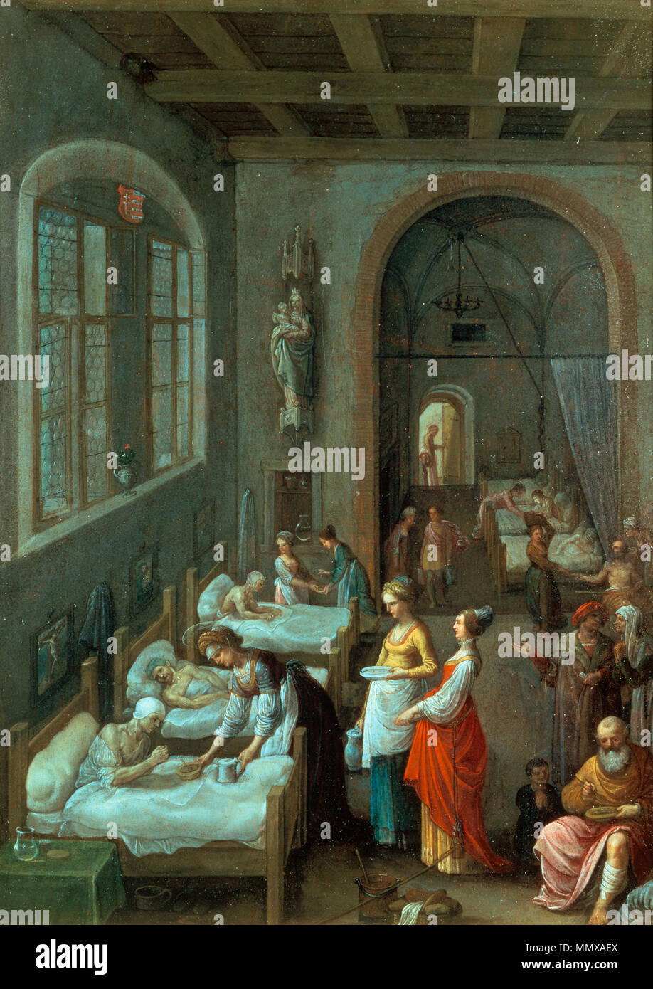 . Santa Elisabetta offre una ciotola di cibo e il boccale di bevanda per un paziente di sesso maschile in ospedale a Marburg, Germania. St Elizabeth la visita di un ospedale.. circa 1598. St Elizabeth la visita di un ospedale. Wellcome L0015276 Foto Stock