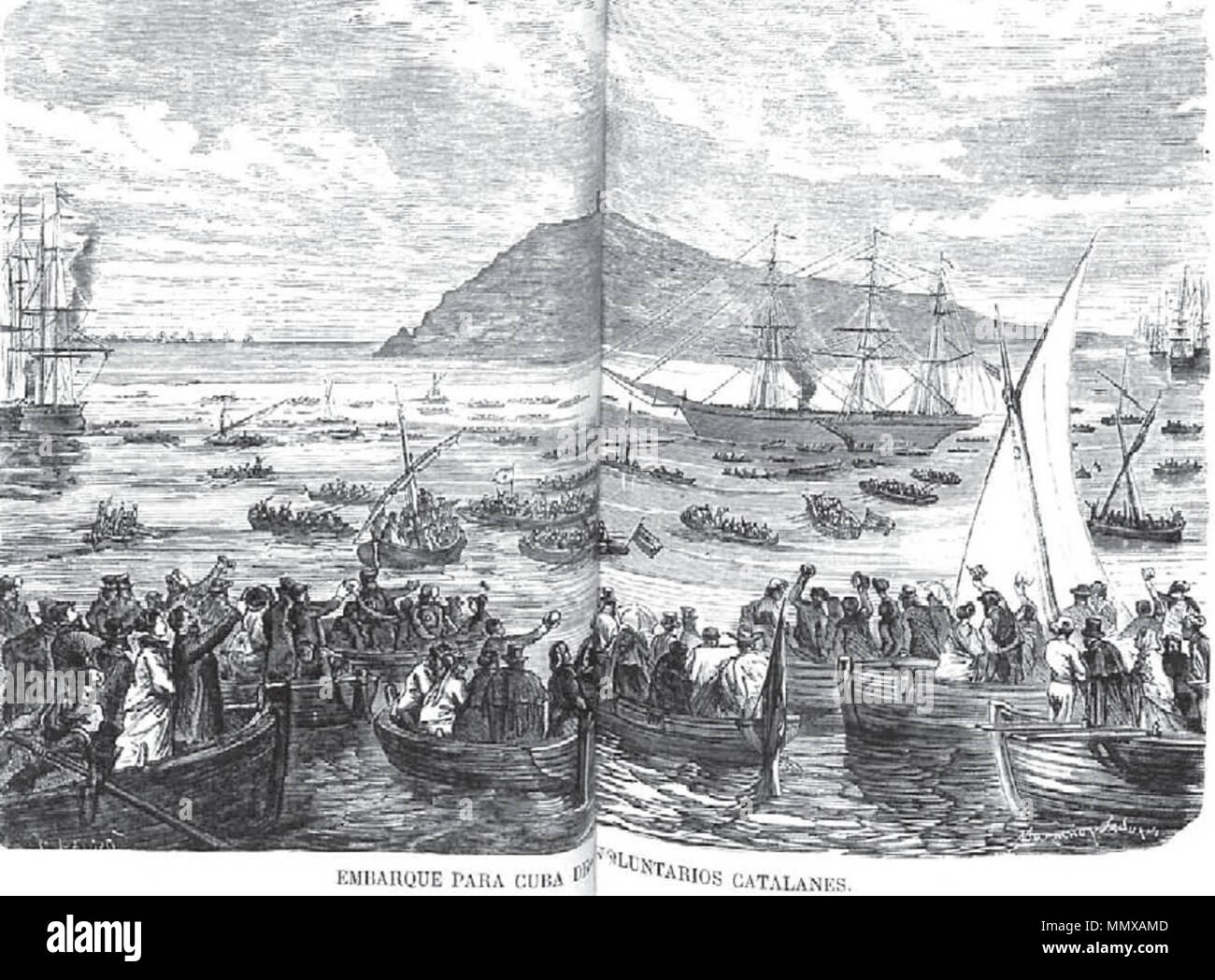 . Español: Embarque voluntarios catalanes a cuba en 1869. Guerra de Los diez años. La guerra comenzó con el Grito de Yara, en la noche del 9 al 10 de octubre de 1868, en la Finca La Demajagua, en Manzanillo que pertenecía a Carlos Manuel de Céspedes. Terminó diez años más tarde con la Paz de Zanjón o Pacto de Zanjón, donde se establece la capitulación del'(Ejército Independentista Cubano frente a las tropas españolas. Este acuerdo no garantizaba ninguno de los dos objetivos fundamentales de dicha guerra: la independencia de Cuba y la abolición de la esclavitud. . Il 31 dicembre 2012, 21:02:35. E Foto Stock