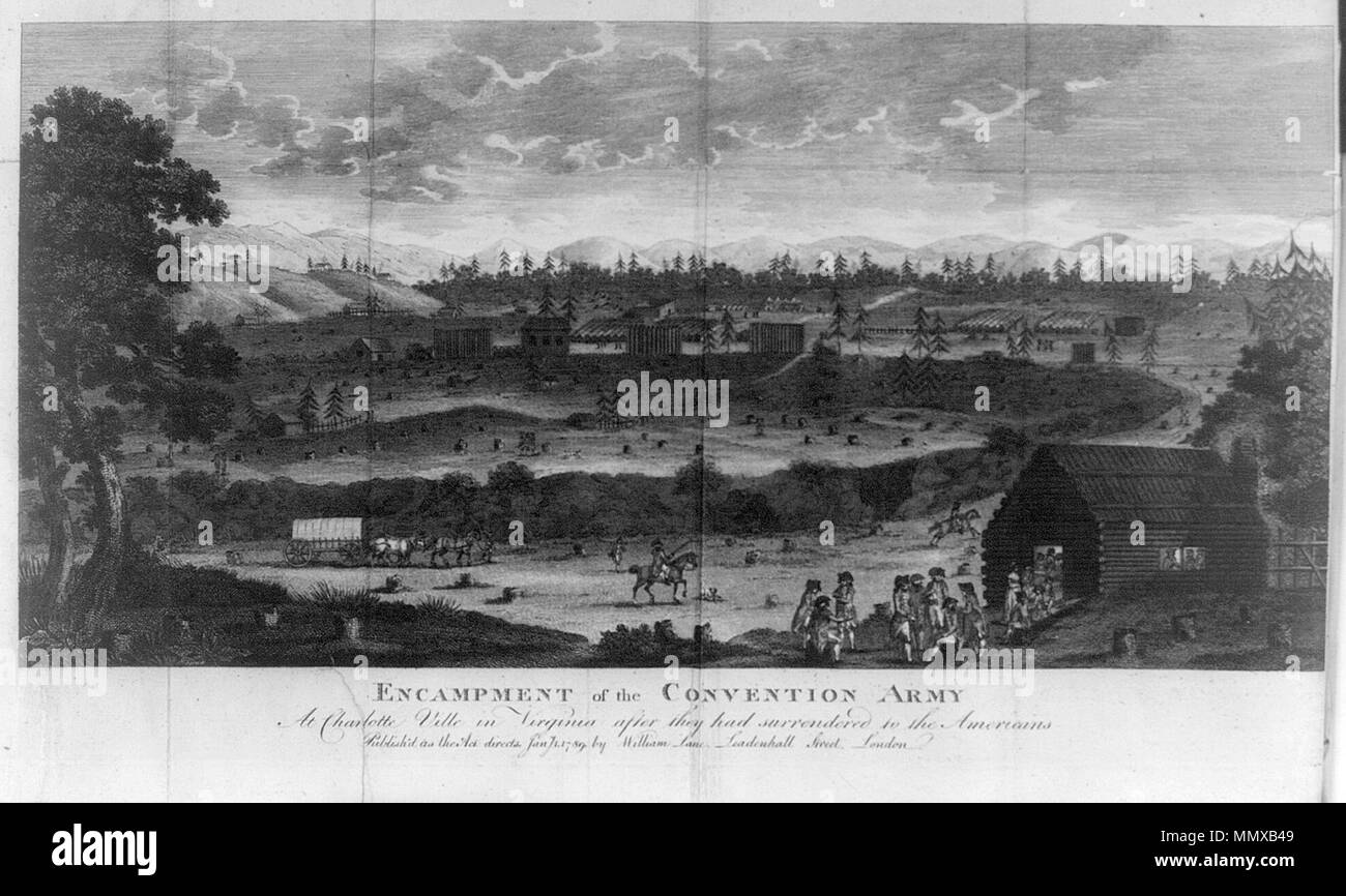 . Inglese: encampment della convenzione esercito a Charlotte Ville in Virginia dopo che avevano consegnato agli americani. Attacco mostra una vista panoramica del paesaggio di Charlottesville, Virginia, con le truppe britanniche, catturato alla rinuncia a Saratoga, impegnata in agricoltura di sussistenza. Creato/pubblicato: Londra : pubblicare'd come l' atto dirige da William Lane, Leadenhall Street, 1789 Jany. 1. Illus. in: Viaggi attraverso le parti interne di America : In una serie di lettere / Thomas Anburey. Londra : stampato per W. Lane, 1789, v. 2, opp. p. 443. REPOSITORY: Biblioteca del Congresso libro raro e S Foto Stock