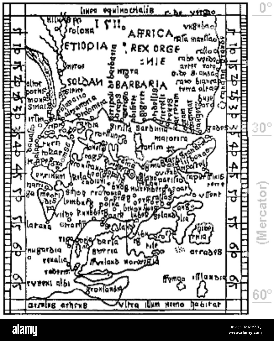 . Inglese: mappa in miniatura da al di fuori del coperchio incernierato di Etzlaub's 1511 Meridiana. La dimensione è di 93x65 mm, orientamento è "sud-up', no longitudini sono fornite. Le latitudini stampato in grigio i numeri (vedere il margine destro) sono state calcolate da Krücken (2004, vedere 'Source') per una proiezione di Mercatore della stessa area e dimostrare che Etzlaub's era un approccio completamente diverso. Queste mappe sono stati progettati per regolare le meridiane (chiamato 'Kompast" [sic!] nel tardo medioevo tedesco) per l'utente di latitudine. Sono state date istruzioni da Etzlaub nel Codex annuncio Compastum Norembergensem che è stato mantenuto da Staatsbibliothek di Monaco di Baviera, ma sembra l Foto Stock