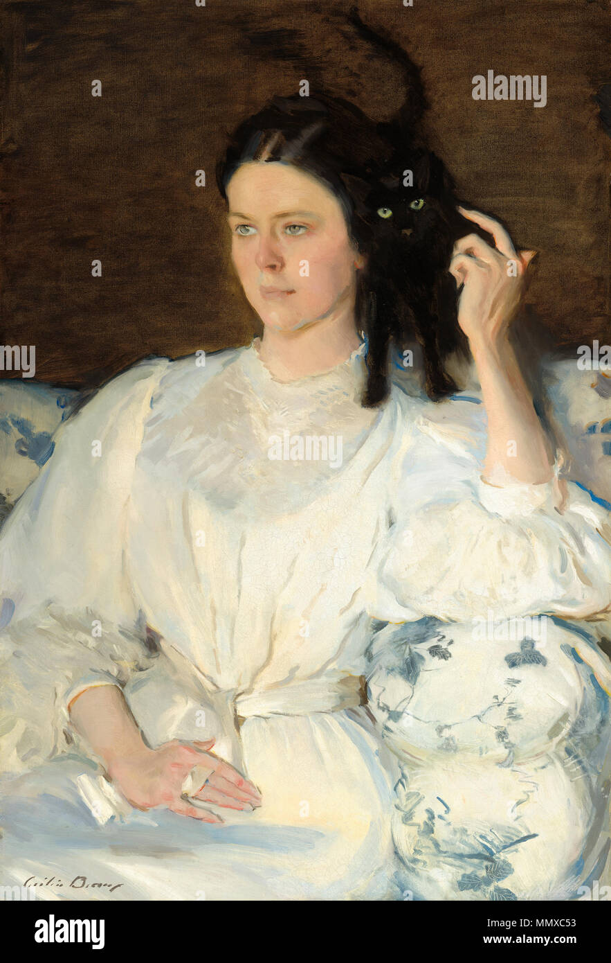 . Questo ritratto da Cecilia Beaux raffigura l'artista cugino, Sarah Allibone Leavitt, vestita di bianco con il suo gatto nero sulla sua spalla. Beaux è stato riconosciuto non solo per il suo bold tecnica di pittura, ma anche per la sua capacità di infondere la sua soggetti femminili con arguzia e intelligenza, rendendoli più di semplici oggetti di bellezza. Uno studente a Parigi nel tardo 1880, l'artista è stata influenzata dalla sua esposizione di prima mano all' impressionismo francese. La sua luce-riempito la tavolozza e lo stile gestuale invitare il confronto con molti dei suoi contemporanei, compresi William Merritt Chase, James McNeill Whi Foto Stock