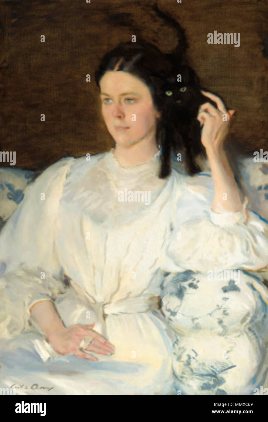 . Questo ritratto da Cecilia Beaux raffigura l'artista cugino, Sarah Allibone Leavitt, vestita di bianco con il suo gatto nero sulla sua spalla. Beaux è stato riconosciuto non solo per il suo bold tecnica di pittura, ma anche per la sua capacità di infondere la sua soggetti femminili con arguzia e intelligenza, rendendoli più di semplici oggetti di bellezza. Uno studente a Parigi nel tardo 1880, l'artista è stata influenzata dalla sua esposizione di prima mano all' impressionismo francese. La sua luce-riempito la tavolozza e lo stile gestuale invitare il confronto con molti dei suoi contemporanei, compresi William Merritt Chase, James McNeill Whi Foto Stock