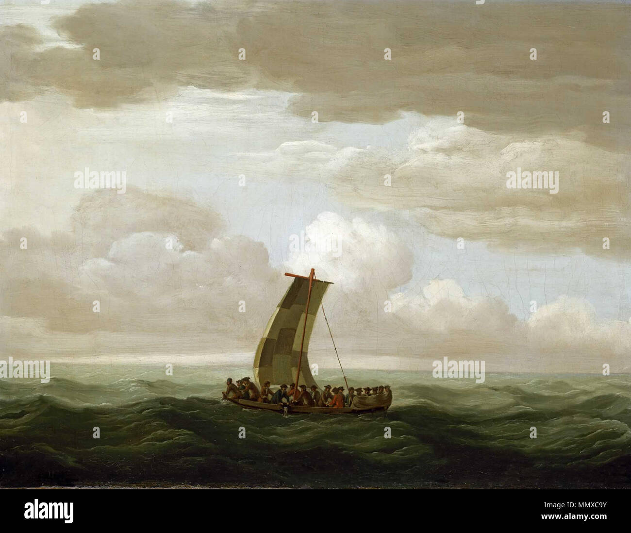 . Il capitano e ventuno gli uomini e i ragazzi scampati in nave della barca, chiamato una scialuppa. Cucivano insieme marinai's frocks per rendere una vela che essi impostato su remi. Alcuni degli equipaggi subito dall'esposizione e da sete mentre gli altri continuano a guardare o balla fuori come hanno navigato per terra. Essi sono stati alla deriva per due settimane, durante le quali alcuni degli equipaggi è morto. Il 'Luxborough' galley, capitanata da William Kellaway, schiavi portati per la South Sea Company. Ella era perso tra i Caraibi e l'Inghilterra sulla terza parte del famigerato scambi triangolari.[1] fuga dal 'Luxborough Galley". 1760. Escape Foto Stock