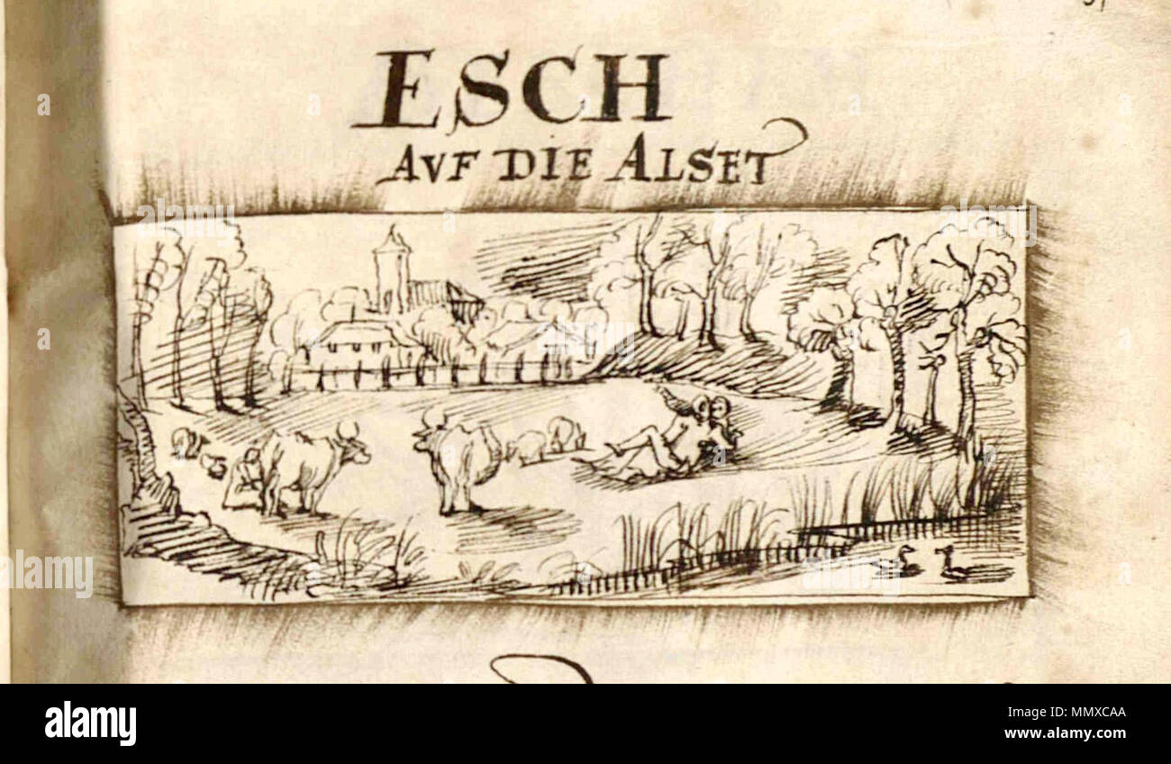 . Français : "Esch auf die Alset' = Esch-sur-Alzette par Jean Bertels, fol. 137 du Registre des biens de l'abbaye Saint-Willibrord d'Echternach . 1597. Johannes Bertelius (-1607) nomi alternativi Johannes Bertels,Johannes Bertelius Descrizione storico lussemburghese e abate Data di nascita e morte 1544 / 12 Ottobre 1544 19 Giugno 1607 Luogo di nascita e morte Leuven Echternach sede di lavoro Lussemburgo, Archives nationales competente controllo : Q445165 VIAF:?120694994 ISNI:?0000 0001 0860 3795 GND:?123705525 BPN:?34039303 Esch-s-Alzette da Jean Bertels 1597 Foto Stock