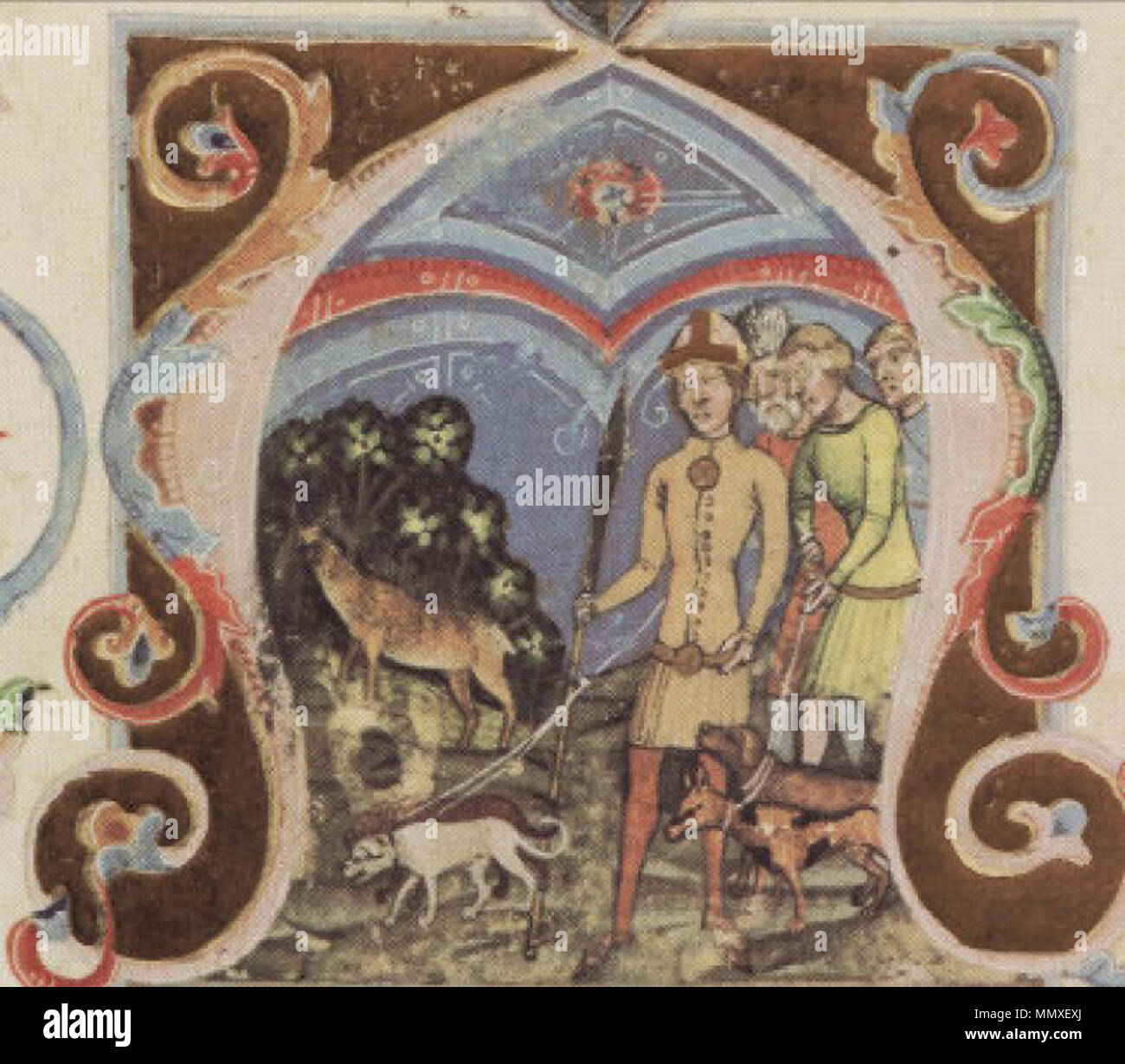 . Miniatura di caccia del cervo bianco, con Hunor e Magor in primo piano . 1360. Anonimi (P. Magister) FeherSzarvas-ChroniconPictum Foto Stock