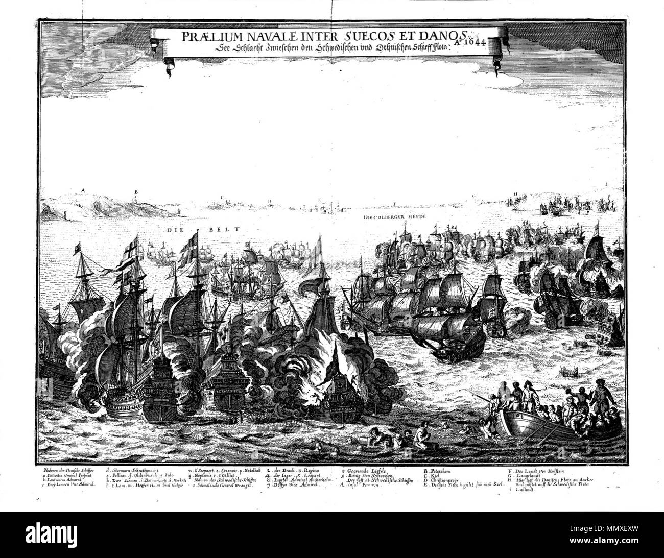 . Deutsch: Druckgraphik der Seeschlacht im Oktober 1644 . 24 settembre 2012, 18:23:02. Gio. Peter Lotichius Fehmarn1644 Foto Stock