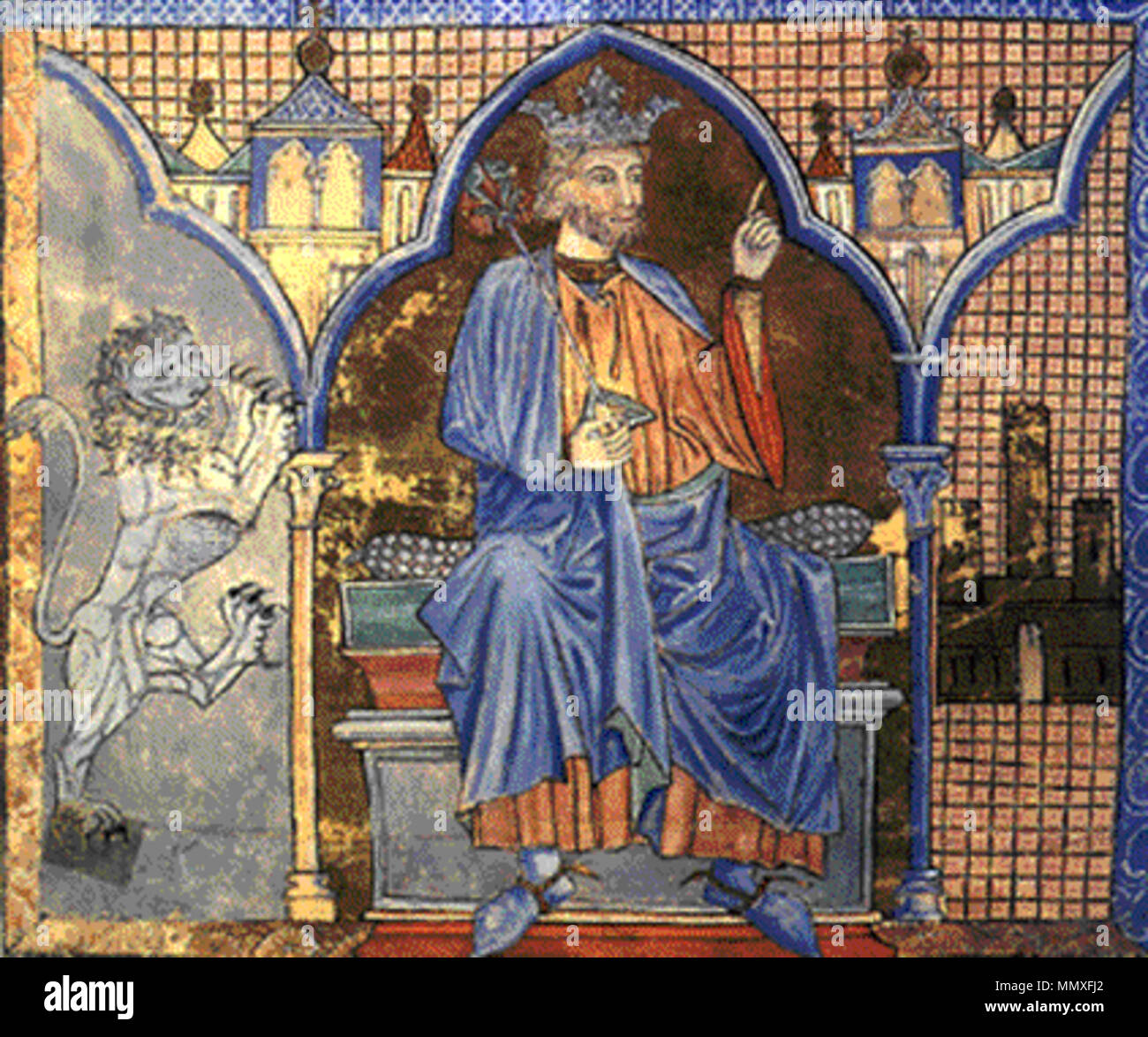 . Français : miniatura enluminée représentant le roi, Ferdinando III di Castiglia e León. Problema de l'Índice de los privilegios reales. XIII° Siècle. Conservé à la cathédrale de St-Jacques de Compostelle. Español: Miniatura que rappresentanouna al Rey Fernando III de Castilla. Proviene del manuscrito del Índice de los privilegios reales, del siglo XIII, conservado en la Catedral de Santiago de Compostela. Fernando III, apodado " el Santo', fue hijo del Rey Alfonso IX de León y de la reina Berenguela I de Castilla. Duranti su reinado se reunificaron definitivamente los reinos de León y Castilla y fueron Foto Stock