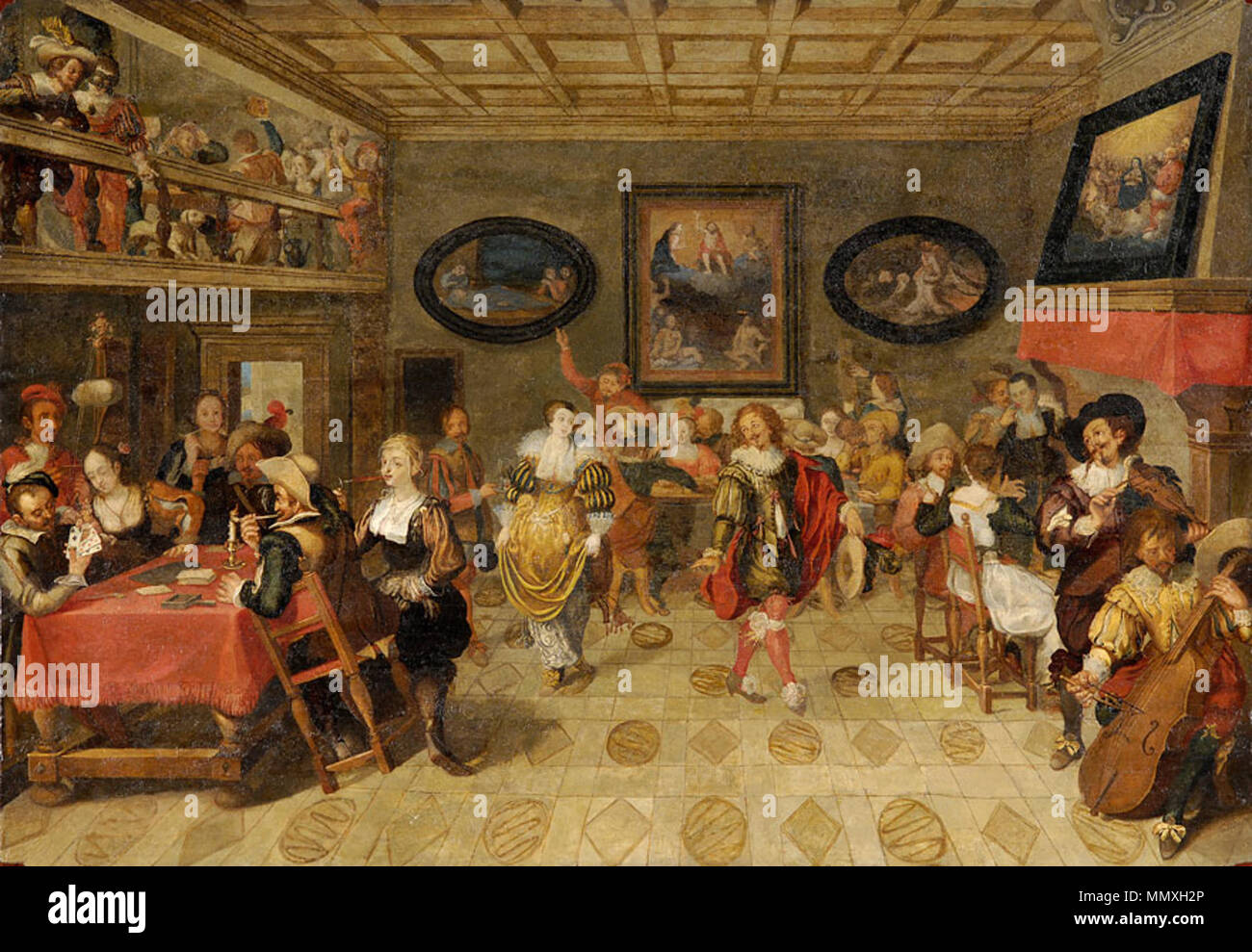 . Deutsch: Flämischer Meister des 17. Jh.: Feiernde Hochzeitsgesellschaft, Öl auf Holz, 69 x 99 cm inglese: fiamminga del xvii secolo pittore: festa di nozze, olio su pannello, 69 x 99 cm party di nozze. Il XVII secolo. Nozze fiammingo del XVII secolo Foto Stock