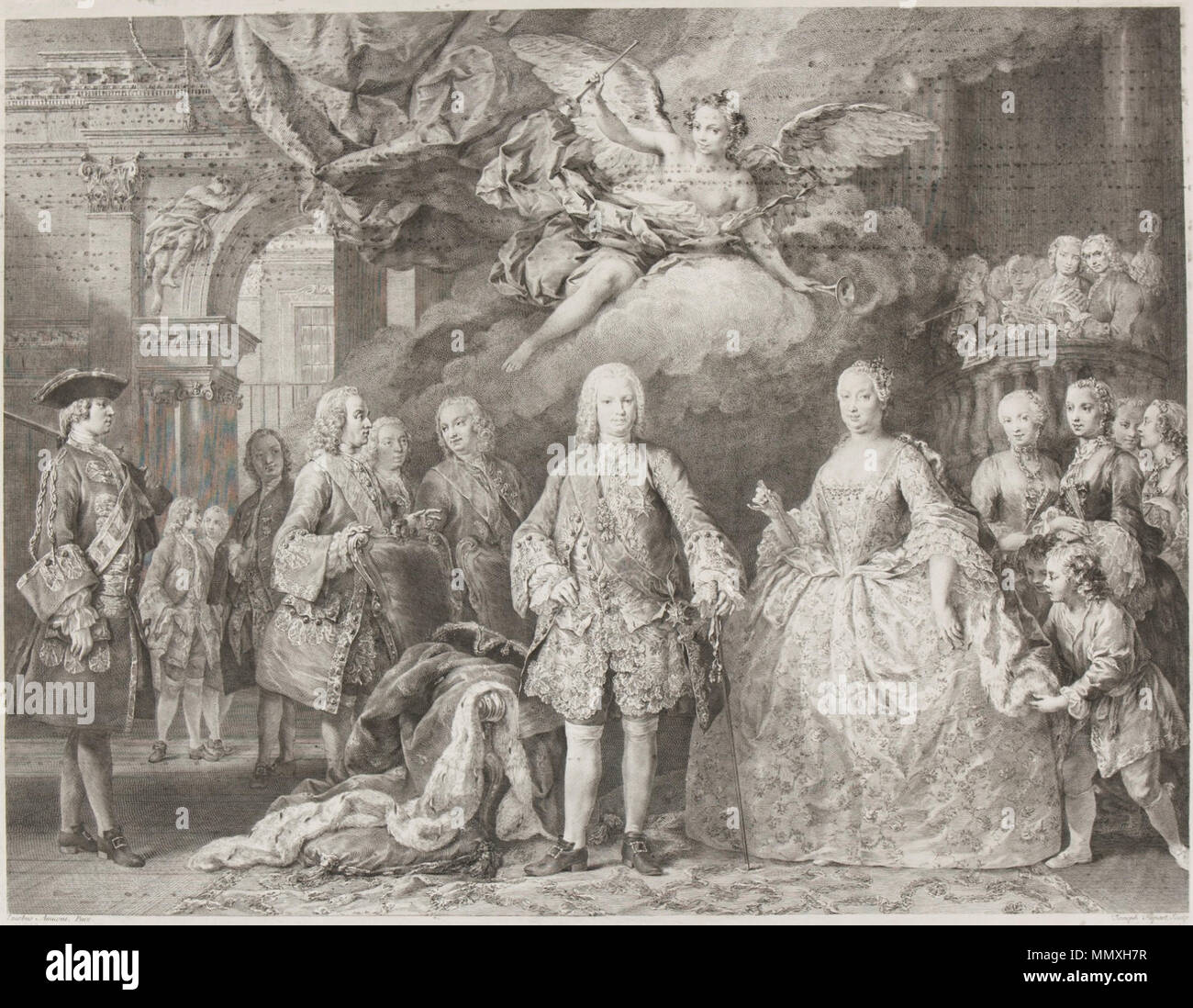 . Español: Fernando VI y Barbara de Braganza con su corte . circa 1750-1758. Flipart dopo Amigoni - Ferdinando VI di Spagna e Barbara di Braganza con la loro corte Foto Stock