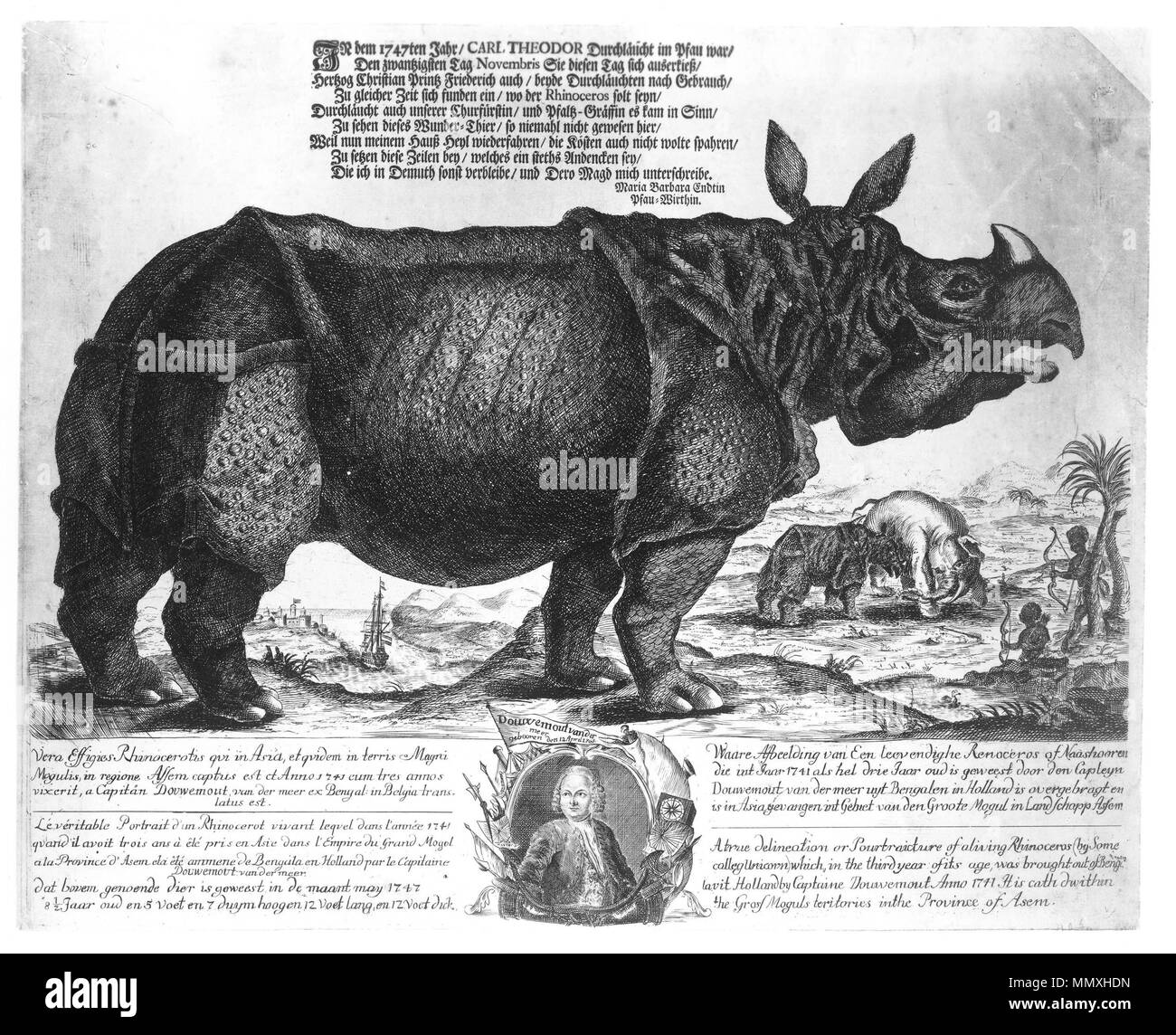 . Deutsch: Clara, das Nashorn. Mannheim, 1747. Nederlands: Anoniem. De neushoorn Clara, komt dat zien! 1747. Il rotocalco. 449 × 558 mm. Amsterdam, Rijksmuseum Amsterdam (inv.nr. RP-P-OB-75.362). . 1747. Il flyer sconosciuto Clara 1747 Foto Stock