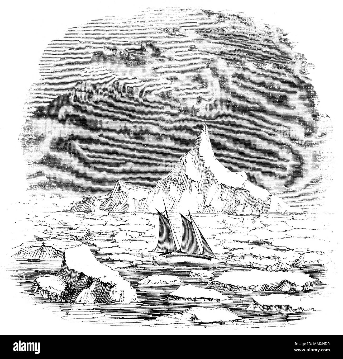. Русский: Американская шхуна 'Флаинг Фиш' у берегов Антарктики во время экспедиции Уилкса. 1839 год. Pesci volanti vicino Antarctide Foto Stock
