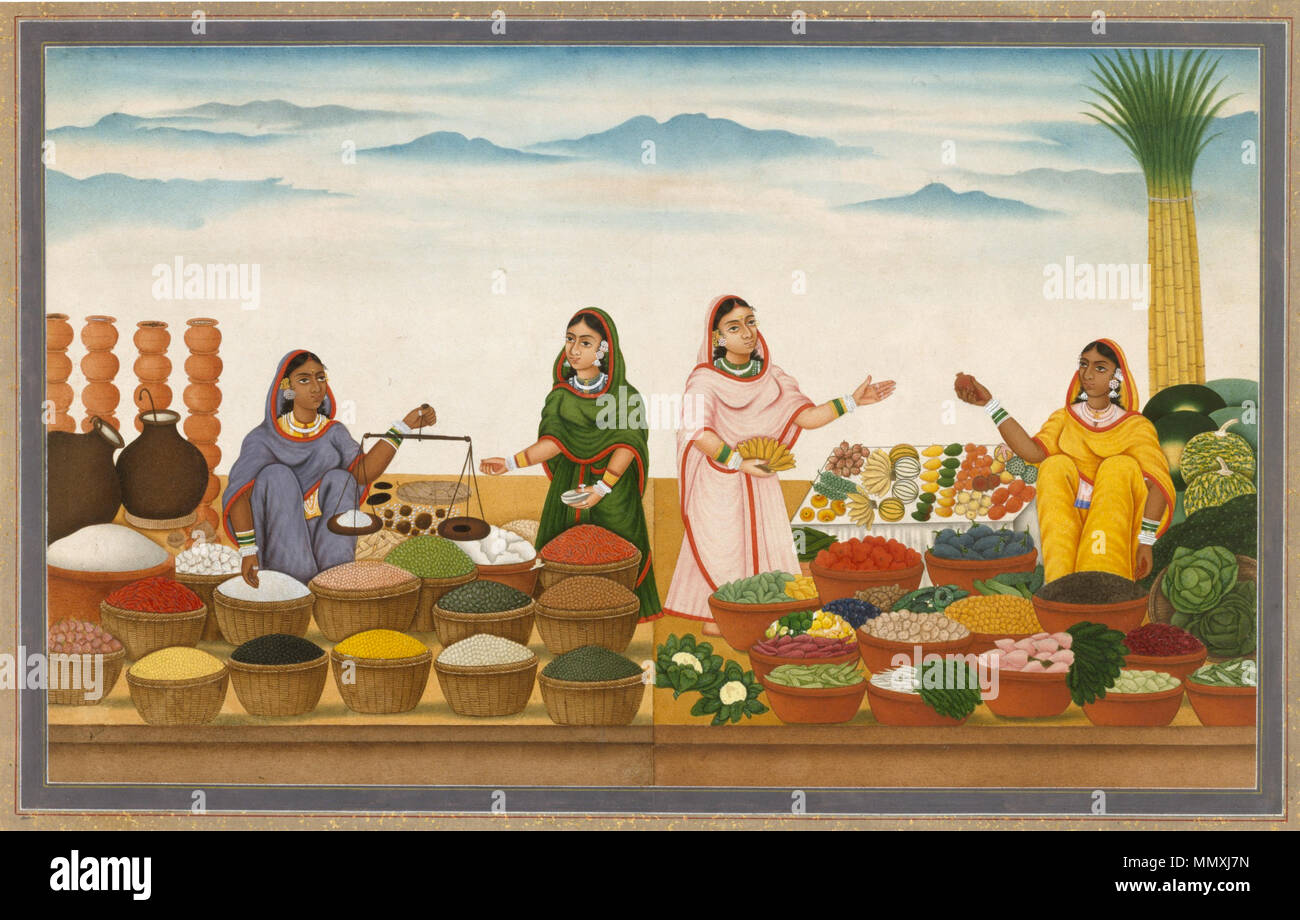 . Inglese: le foto fatte da artisti indiani per i britannici in India sono chiamati azienda dipinti. L'artista Shiva Dayal Lal, che ha lavorato a Patna, creato questo uno intorno al 1850. Egli si basava in gran parte sul patrocinio dal locale gentry, specialmente Rai Sultan Bahadur, per il quale ha realizzato gli uccelli e fiori dipinti. Il suo cugino, Shiva Lal, correvano anche un artista del negozio a Patna, ma il suo lavoro tende ad essere meno vivacemente colorato e preciso in stile. . Circa 1850 (fatto). Shiva Dayal Lal, nato 1815 - morto 1884 (artista) quattro donne di vendita alimentari-cereali, la frutta e la verdura Foto Stock