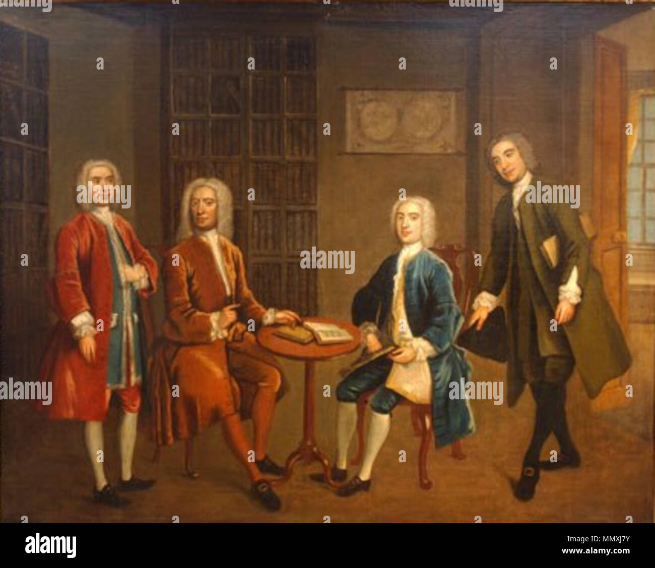 . Inglese: Quattro cifre significative nella crescita del bagno, Somerset. Da sinistra Richard Jones (cancelliere di opere in prima Park), Ralph Allen (proprietario della prima Park), Robert Gay (MP e proprietario terriero), e John Wood il vecchio (architetto) FourBathWorthies Foto Stock