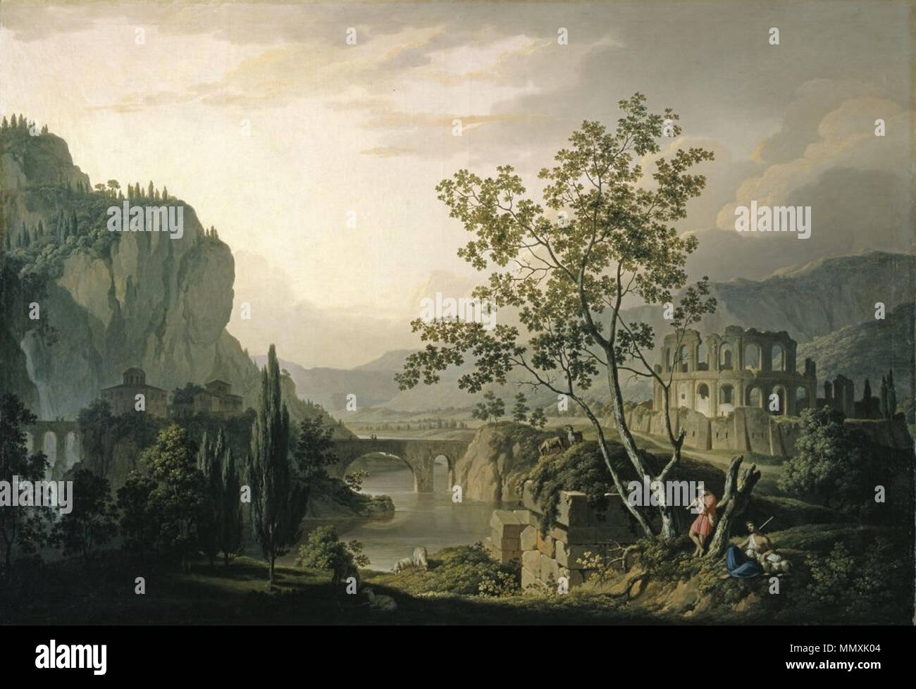 Franc Kavčič - Idealna krajina z mostom in amfiteatrom Foto Stock