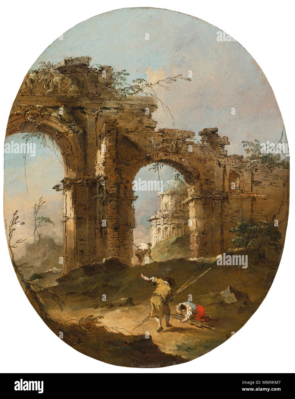 Francesco Lazzaro Guardi (1712 -1793) Un Capriccio architettonico con figure da un arco in rovina Foto Stock