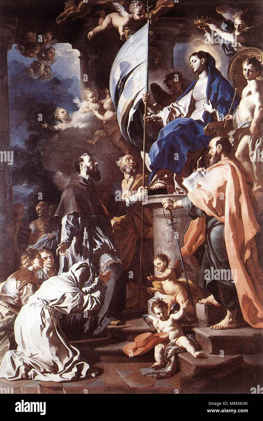 San Bonaventura ricevendo il banner di San Sepolcro dalla Madonna. 1710. Francesco Solimena - San Bonaventura ricevendo il banner di San Sepolcro dalla Madonna - WGA21620 Foto Stock