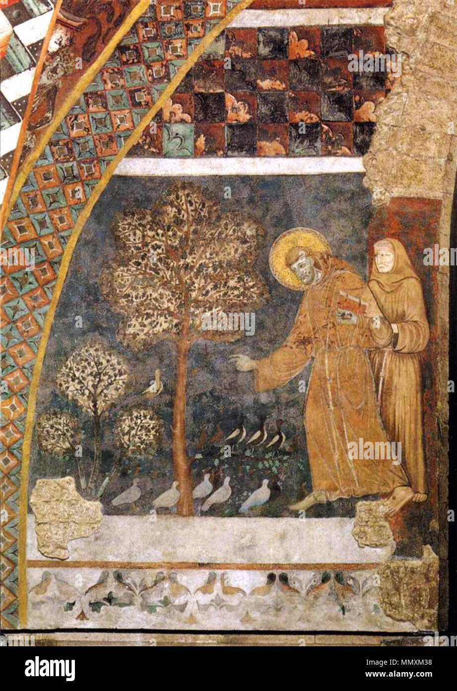 . Francesco predica agli uccelli.affresco. maestro di san Francesco. Assisi . tra 1260 e 1280. Maestro di San Francesco Francesco predicare gli uccelli.affresco. maestro di san Francesco. Assisi Foto Stock