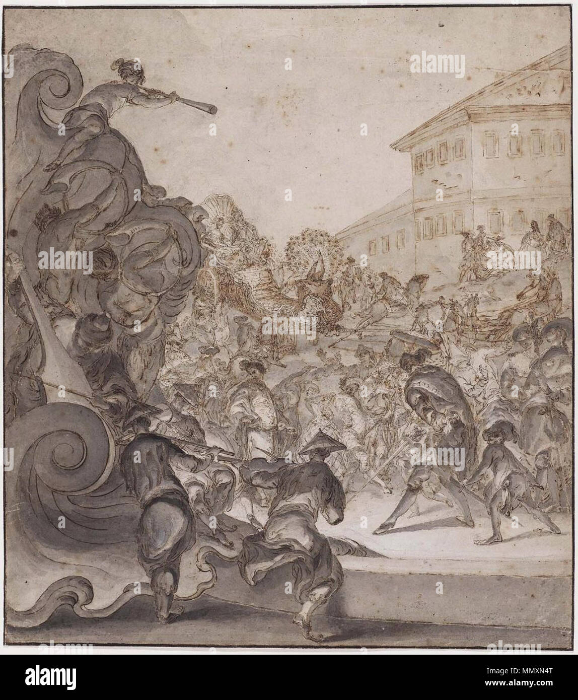 . Inglese: Frans Breydel - Processione di maskers con galleggianti, penna e inchiostro bruno e spazzola e grey wash oltre gesso nero su crema di latte di cui carta, 44,9 x 40,1 cm, il Museo delle Belle Arti di Boston . Il XVIII secolo. Frans Breydel Frans Breydel - Processione di maskers con galleggianti Foto Stock