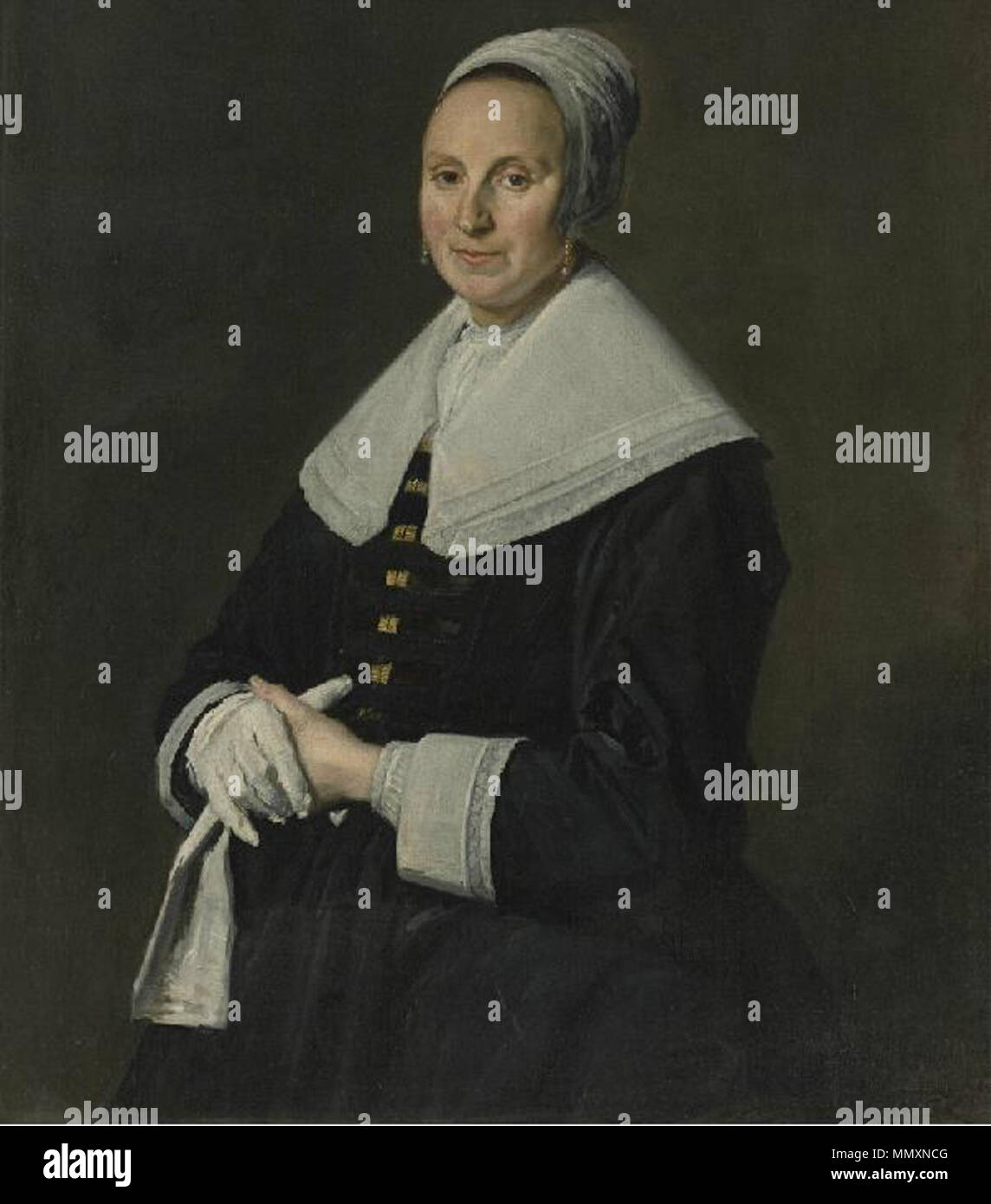 Inglese: Ritratto di una donna con diadema cappuccio e guanti protettivi . circa 1645-1650. Frans Hals - Ritratto di una donna con diadema cappuccio e guanti Foto Stock