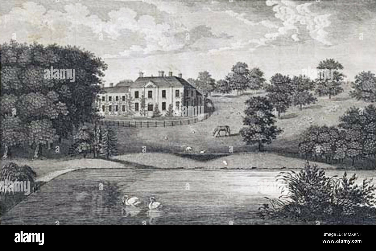 . Inglese: Vista di Freeford. Una antica incisione da Ravenhill dopo un disegno di p. S. Shaw. Pubblicato in "Storia e antichità di Staffordshire' dal Rev. Stebbing Shaw nel 1798-1802 con successiva colorazione a mano. "Inscritto alla più nobile Marchese di Donegal questa vista di Fisherwick è inscritta dal suo obbligo umile servo S. Shaw' sud vista che mostra a due piani in mattoni Georgian House visto su un lago. Vi è un parco sulla destra. Freeford Hall Foto Stock