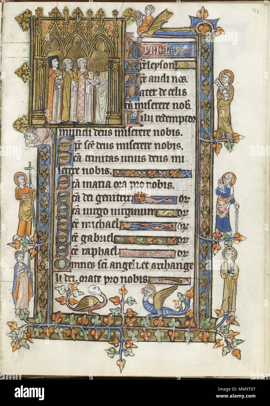 W.104.71R chiesa cattolica. "Tre chierici cantando prima dell ambone; ibridi nei margini superiore e inferiore; dei Santi Andrea e Bartolomeo, Pietro e Giovanni Battista in margini laterali,' ca. 1300-1325. pergamena con inchiostro, vernice e oro. Walters Art Museum (W.104.71R): acquistato da Henry Walters. Francese - tre chierici di cantare davanti a un leggio - Walters W10471R Foto Stock