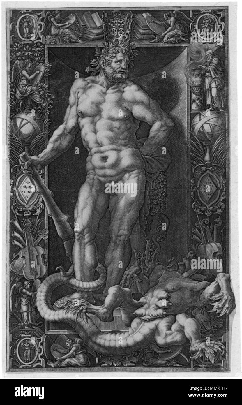 Deutsch: Herkules Viktorius über dem Haupt der Hydra, Kupferstich nach Giovanni Battista Bertani. circa 1558. 5136 bassenge ghisi Foto Stock