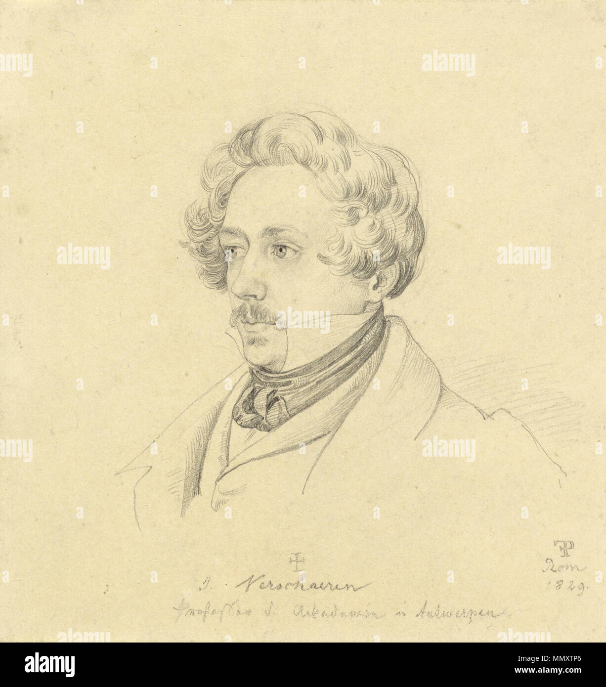 Ritratto del pittore Jan Antoon Verschaeren (recto); Orizzontale (verso); Friedrich Preller (tedesco, 1804 - 1878); Italia; 1829; grafite; 18,4 x 17,6 cm (7 1/4 x 6 15/16 in.); 2014.18 Friedrich Preller - Ritratto del pittore Jan Antoon Verschaeren Foto Stock