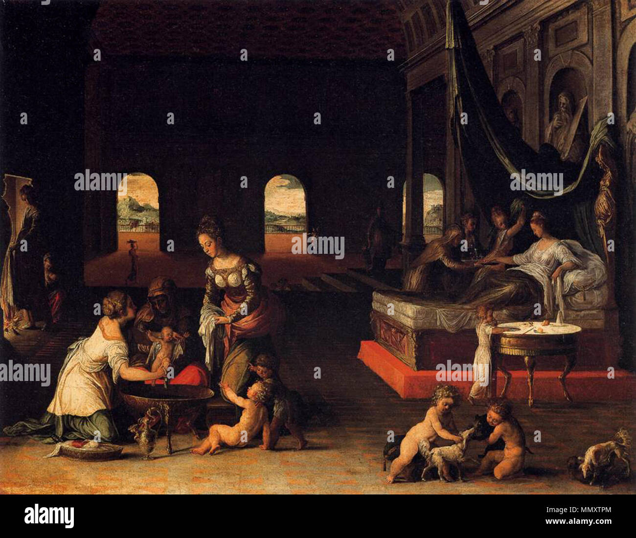 Inglese: la nascita di un bambino . tra 1563 e 1567. Friedrich Sustris - la nascita di un bambino - WGA21978 Foto Stock
