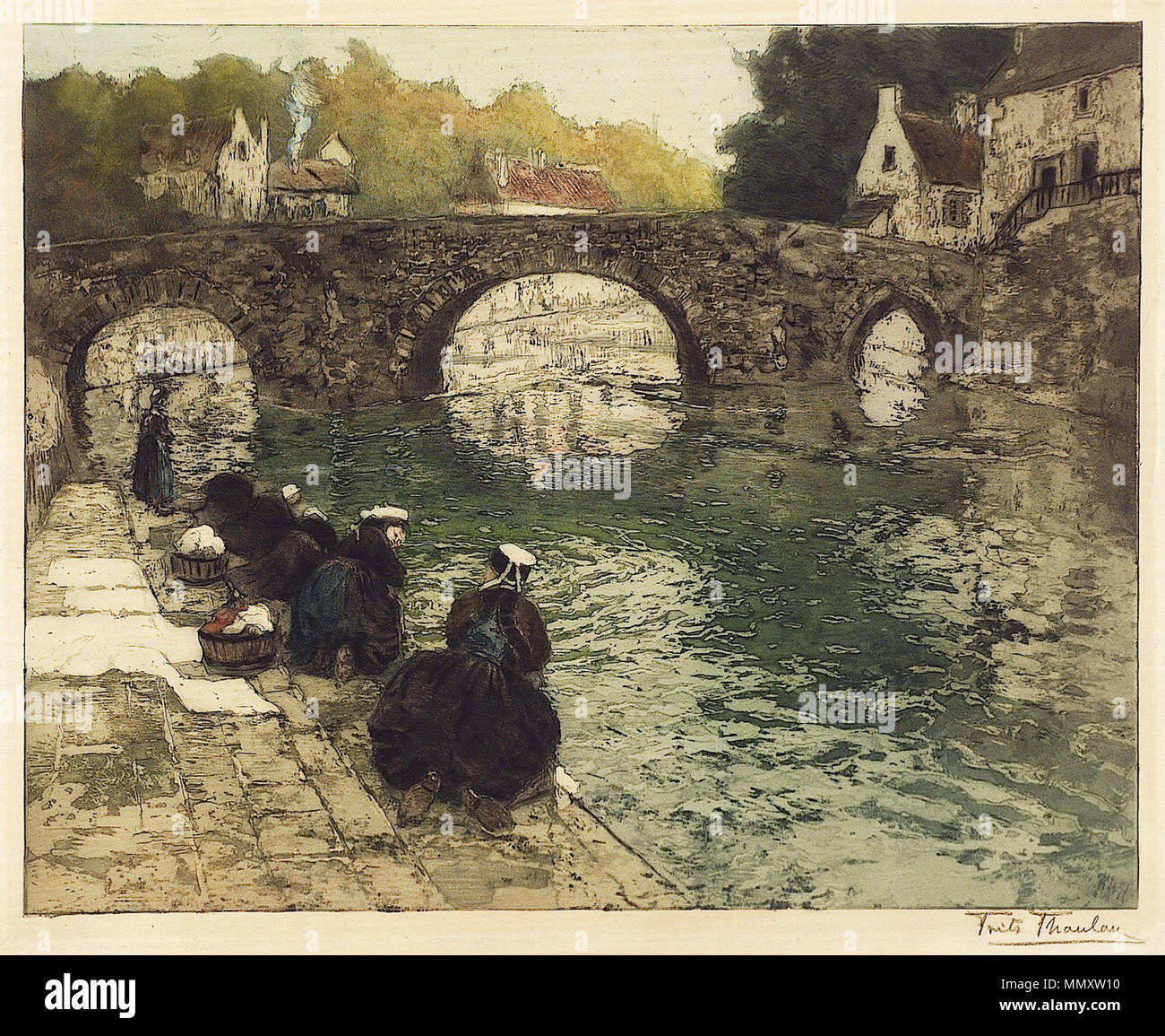 . Français : Le Pont est sans doute le " Pont Fleuri " sur la rivière Ellé. Norvegese: Vaskerkoner ved Quimperle Français : Laveuses à Quimperlé . Data sconosciuta. Frits Thaulow (1847-1906) Descrizione pittore norvegese cognato di Christian Krohg, cognato di Oda Krohg e cognato di Bokken Lasson Data di nascita e morte 20 Ottobre 1847 5 Novembre 1906 Luogo di nascita e morte Christiania Volendam sede di lavoro Danimarca, Norvegia, Francia (dal 1892): Montreuil-sur-Mer (1892-1894), Parigi 20e e i suoi dintorni (1894-1898), Quimperlé, Beaulieu-sur-Dordogne competente contr Foto Stock