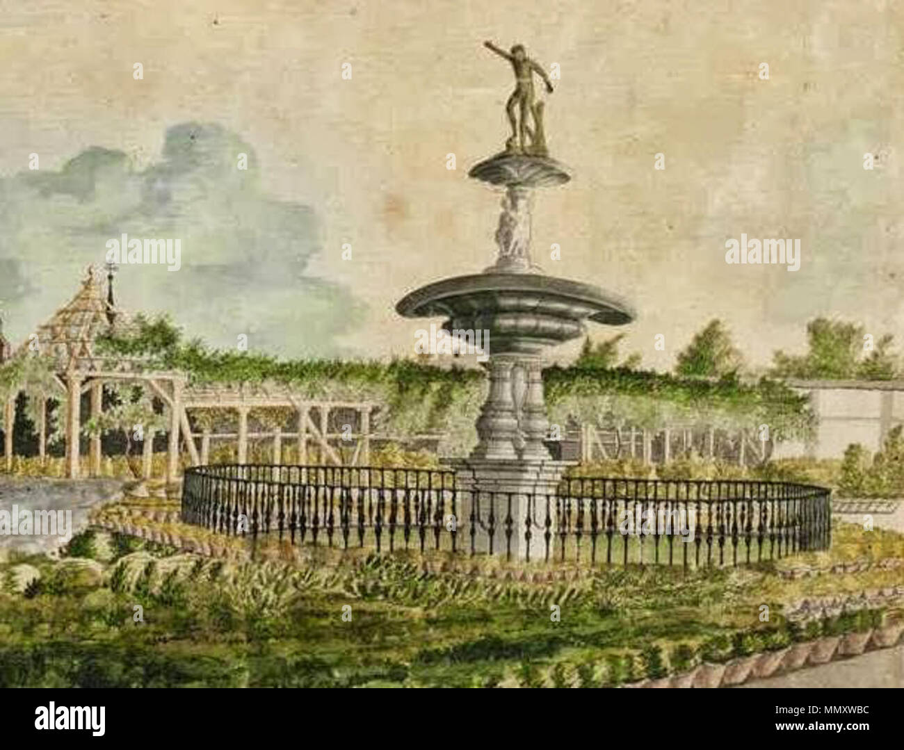 . Español: Detalle de la Fuente de ornamentali Narciso, en la Glorieta de la Ermita de San Pablo, en el Real Sitio del Buen Retiro de Madrid, mandada construir por Felipe IV, con diseños de Juan Gómez de Mora. Dibujo de Domingo de Aguirre (1742-1805). La Fuente de Narciso en el Real Sitio del Buen Retiro (detalle).. 1778. Fuente de Narciso dibujo Domingo de Aguirre 1778 Foto Stock