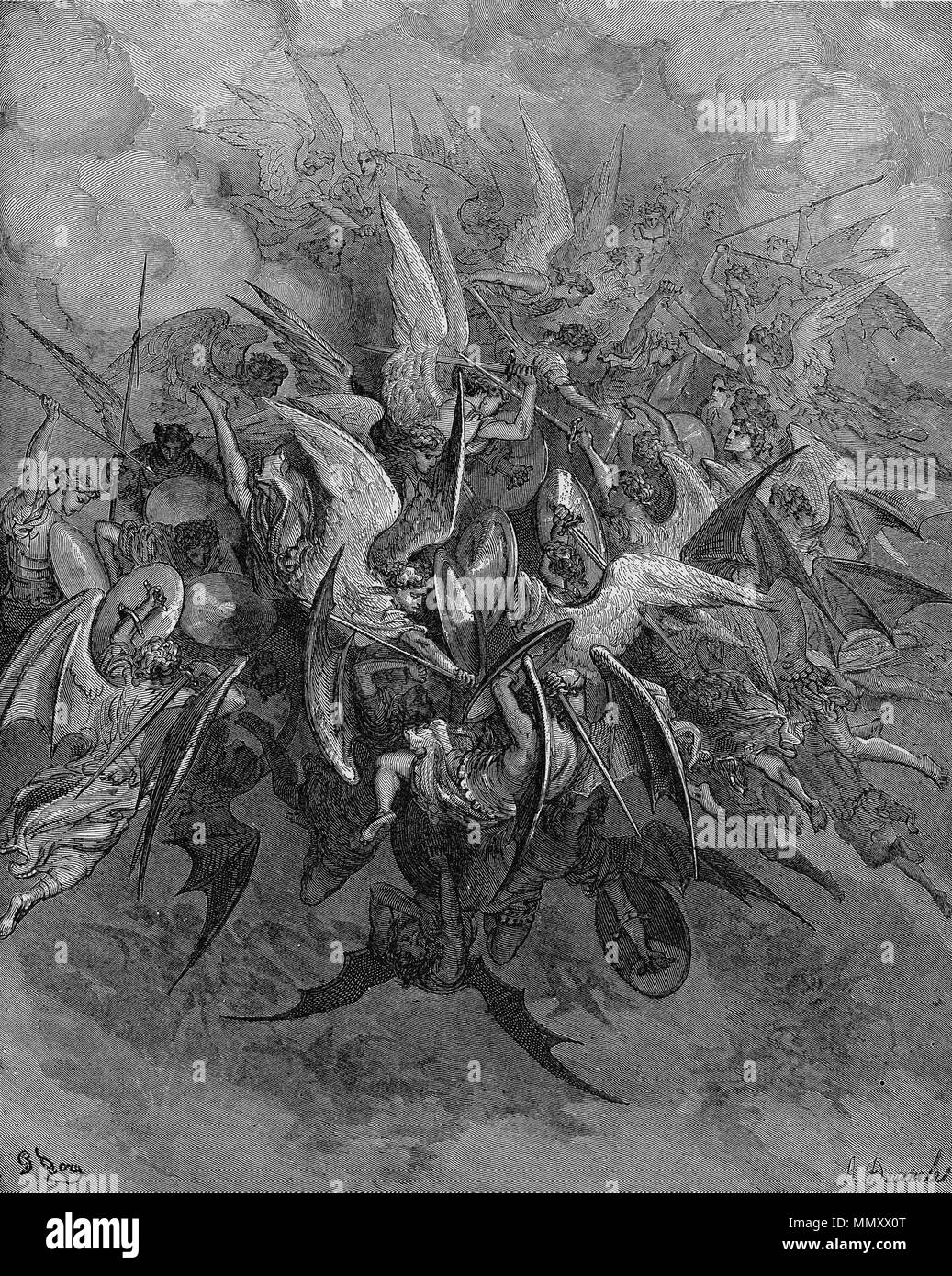 . Illustrazione per John Milton "Paradiso perduto" Gustave Doré illustrazione per John Milton "Paradiso perduto", 1866. Guerra in cielo (Libro 6 linea 207). 1866. Ora 6-207 storming fury rose Foto Stock