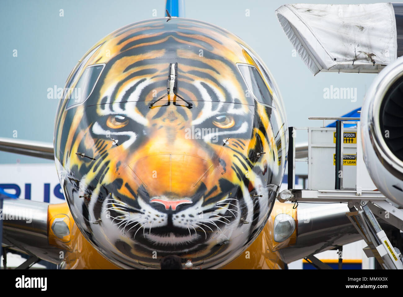 Embraer E190-E2, con la parte anteriore decorata come una testa di tigre, sul display durante il Singapore Airshow 2018 presso il Centro Fieristico Changi di Singapore. Foto Stock