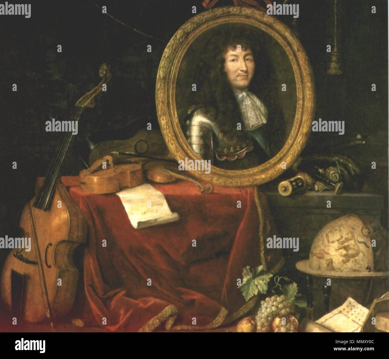 . Français : morceau de réception à l'Académie Royale de peinture et de sculpture, 1672 Francese: Allégorie à Louis XIV, protecteur des Arts et des Sciences Louis XIV. come protettore delle arti di circa 1670-1672. GarnierlouisXIV Foto Stock