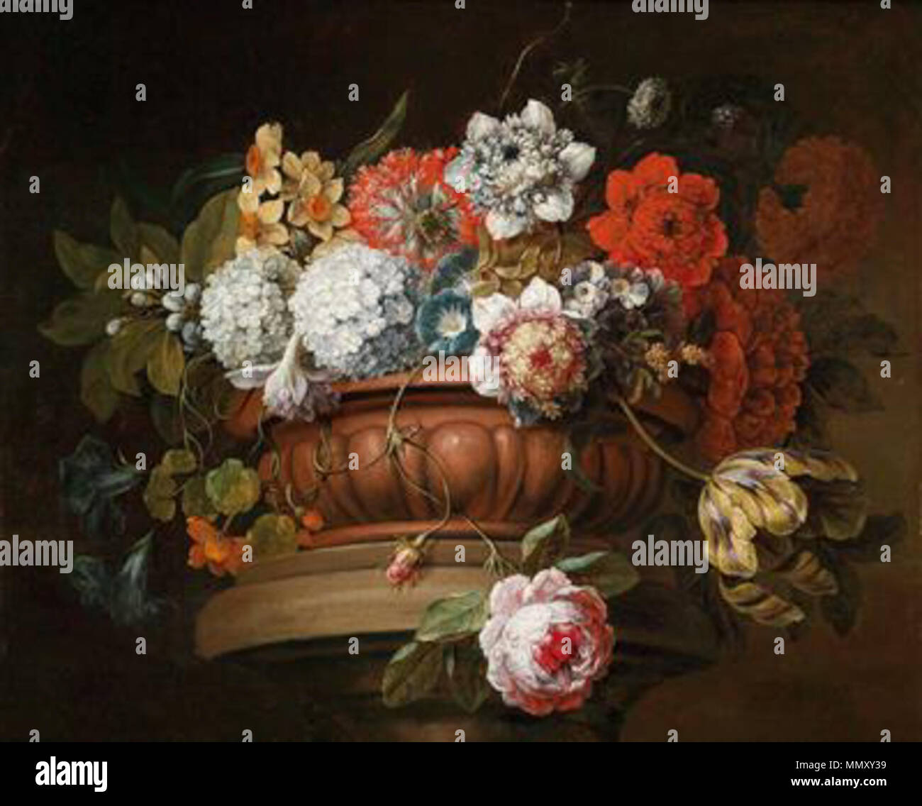 Gaspar Peeter Verbruggen (MI) - Un omaggio floreale ancora in vita con i crisantemi, pallon di maggio, narcisi, anemoni, tulipani, moss rose e altri fiori in un decorato vaso di pietra Foto Stock