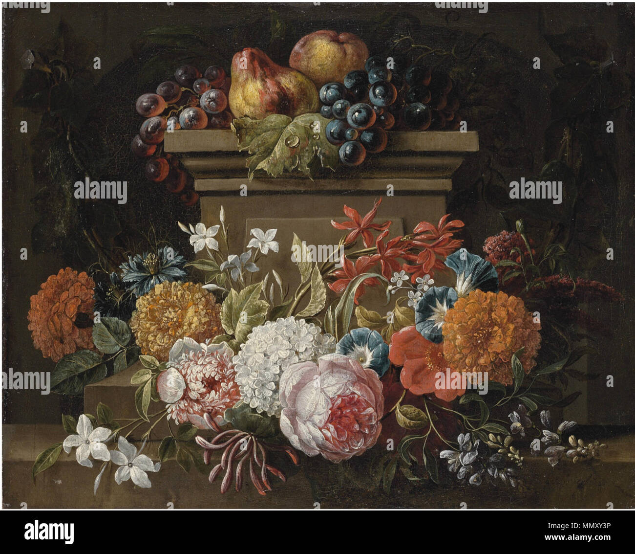 Inglese: un festone di fiori in una nicchia, con le pere e le uve su un plinto . tra 1671 e 1730. Gaspar Peeter Verbruggen (II) - un festone di fiori in una nicchia, con le pere e le uve su un piedistallo Foto Stock