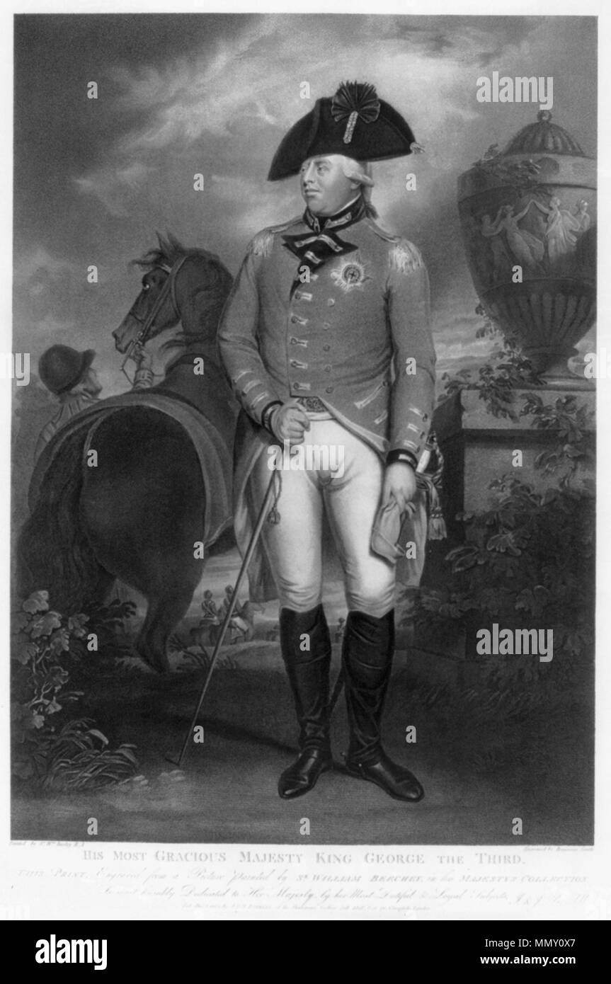 . La stampa mostra George III, ritratto a figura intera, in piedi, rivolto verso sinistra, sulla base di un dipinto di William Beechey George III Foto Stock