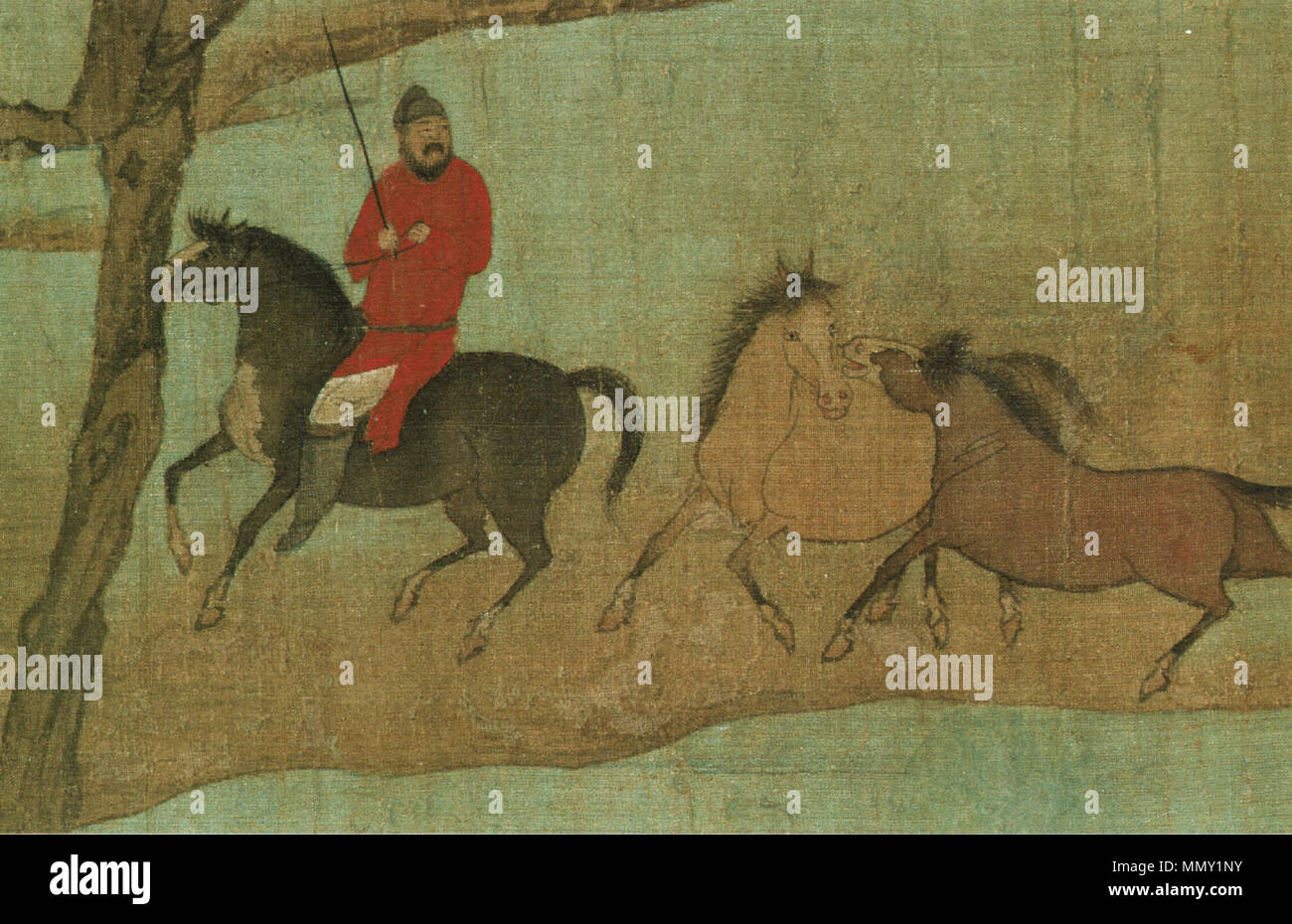 . Inglese: Zhao Mengfu. Imbrancandosi a cavallo nella campagna autunnale, 1312 23,6х59см. Sezione. Palace Museum di Pechino. . Tra 1254 e 1322. Zhao Mengfu (1254-1322) nomi alternativi ????; ???; ???; ??? Descrizione pittore cinese Data di nascita e morte 1254 1322 Luogo di nascita e morte Wuxingchang autorità di Pechino controllo : Q197461 VIAF:?ISNI 50532127:?0000 0000 8050 1999 ULAN:?500121418 LCCN:?n80125431 NLA:?36730921 WorldCat 9a Zhao Mengfu. I Cavalli di balneazione. 28,1 x 155,5 cm dettaglio della chiocciola. Palace Museum, Pechino1 Foto Stock