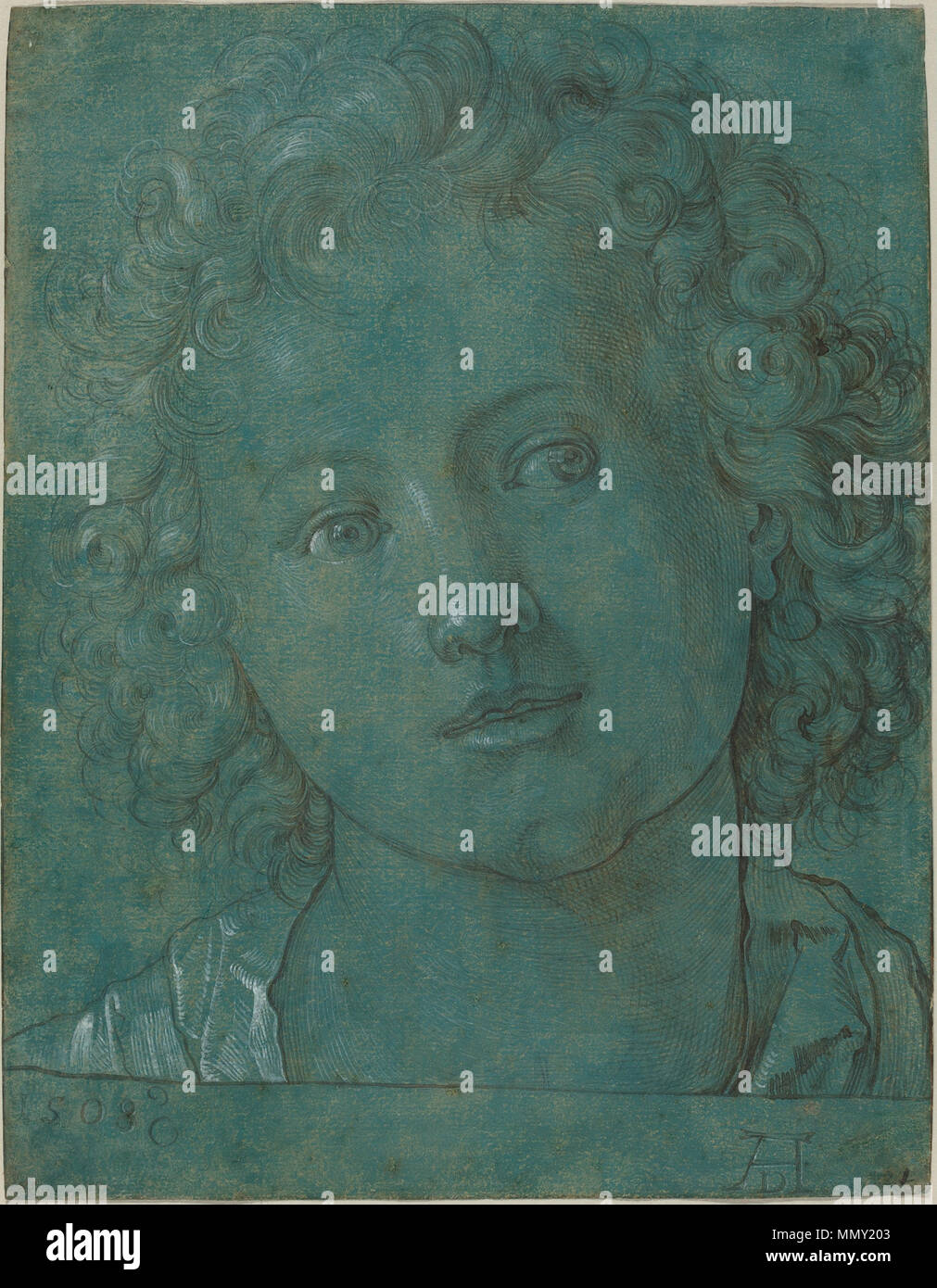 La testa di un ragazzo di disegno; Pennello e inchiostro marrone con tocchi di grafite, intensificato con bianco su blu carta preparata; complessivo: 26,9 x 20,8 cm (10 9/16 x 8 3/16 in.); tedesco del XVI secolo dopo Albrecht Dürer - testa di un ragazzo Foto Stock