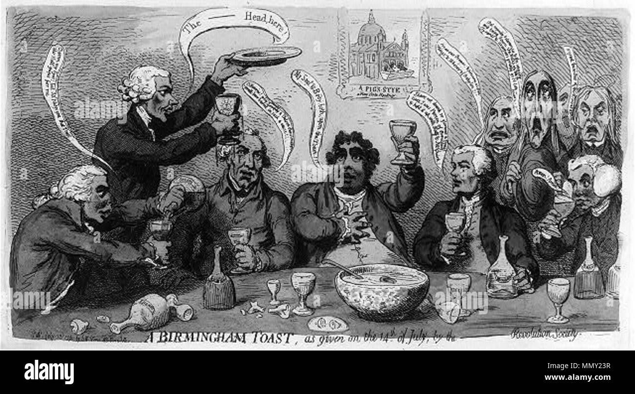 . Sommario: Stampa Mostra Charles James Fox seduto al centro di una tavola e alzando il vetro, 'My anima e corpo, sia su Toast,' per un brindisi offerto da Joseph Priestley, e chi sta a sinistra tenendo in mano un calice traboccante e un vuoto piastra di comunione, "i---testa, qui!' seduti a sinistra sono Sir Cecil Wray e Richard B. Sheridan; seduto alla destra sono Horne Tooke e Teofilo Lindsey, e dietro di loro stand caricatured dissidenti. Appeso alla parete sopra il Fox è un immagine della cattedrale di San Paolo, chiamato "una suini Stye - una vista da Hackney,' con tre maiali per mangiare in un trogolo. Un Birmingha Foto Stock