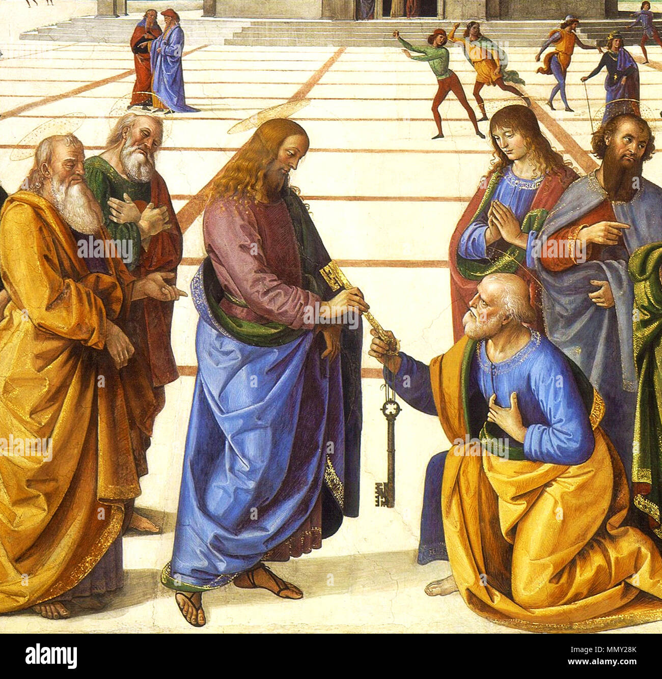 Inglese: Cristo consegnato le chiavi di San Pietro da Pietro Perugino  (1481-82) affresco, 335 x 550 cm Cappella Sistina, Vaticano. Ελληνικά:  Λεπτομέρεια από την του νωπογραφία Πιέτρο Περουτζίνο, Ο Χριστός Παραδίδει