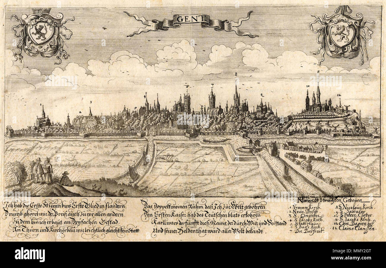 . Inglese: molto rara vista di Gent con una chiave che identifica 13 posizioni. Incisione su rame Dimensioni: 23 x 36.5cm (9 x 14,2 pollici) verso: vuoto Condizioni: ottime referenze: Non in Dejardin. . Circa 1610. Schnitzer Lucas Ghent, Belgio, Schnitzer Lucas, ca. 1610 Foto Stock