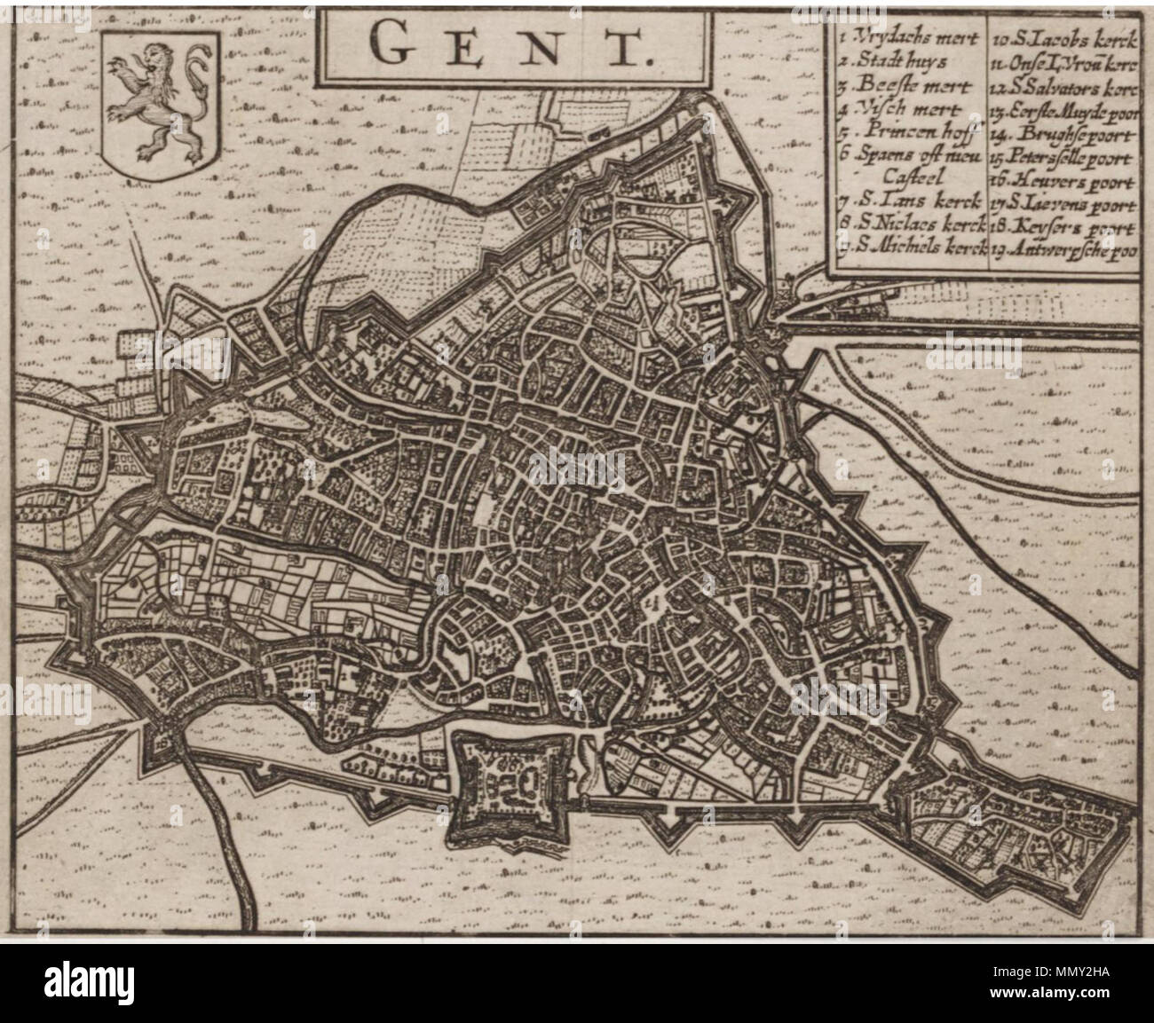 . Inglese: Gand, mappa vecchia 1652.jpg . 1652. Unknown Gand, mappa vecchia 1652 Foto Stock