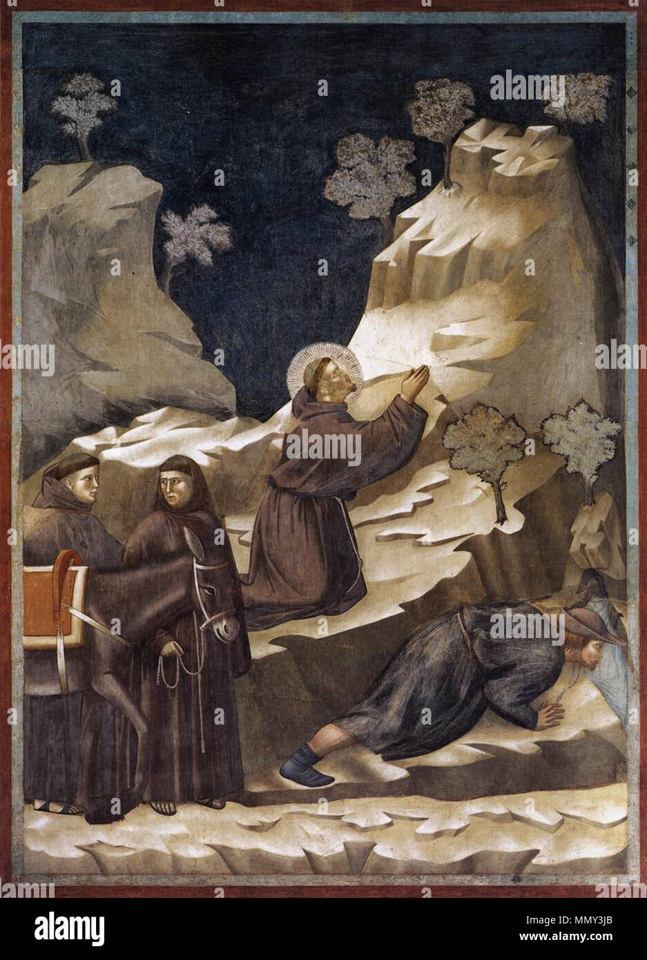 Deutsch: Freskenzyklus zum Leben des Hl. Franziskus von Assisi, Szene: Das Quellwunder des Hl. Franziskus inglese: la leggenda di San Francesco: 14. Il miracolo della molla Português: Legenda de São Francisco de Assis, 14 : Milagre da primavera . tra 1297 e 1300. Giotto - La leggenda di San Francesco - -14- - il miracolo della molla2 Foto Stock