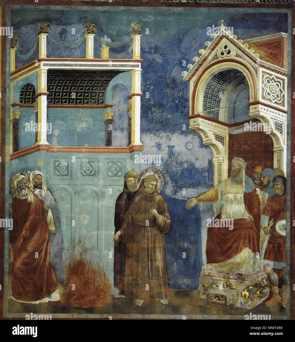 Inglese: la leggenda di San Francesco: 11. San Francesco davanti al Sultano (prova del fuoco) . tra 1297 e 1300. Giotto di Bondone - La leggenda di San Francesco - 11. San Francesco davanti al Sultano (prova del fuoco) - WGA09132 Foto Stock